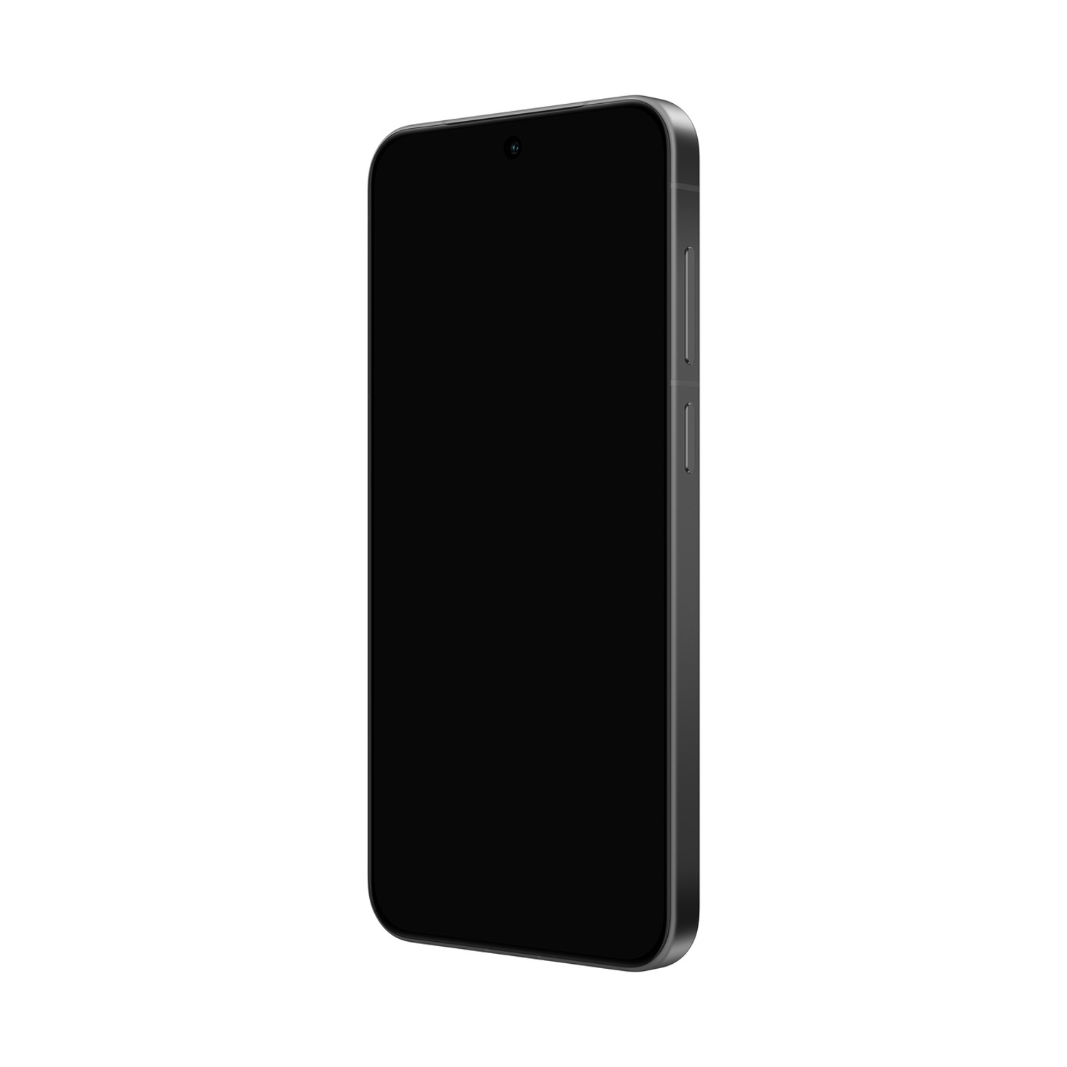 Uno smartphone con schermo nero e cornice argentata su sfondo bianco. Il telefono è in orientamento verticale.