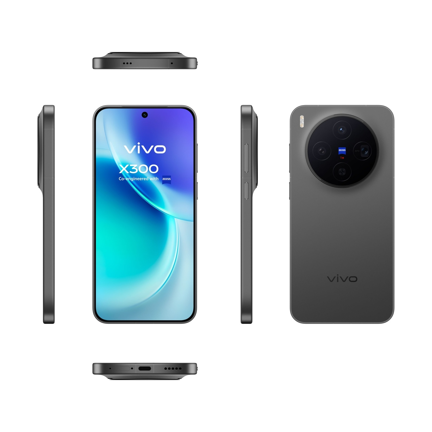 Un telefono Vivo X300 grigio scuro. Diverse viste: frontale, posteriore, superiore, inferiore e laterale, che mostrano i dettagli della fotocamera e dello schermo.