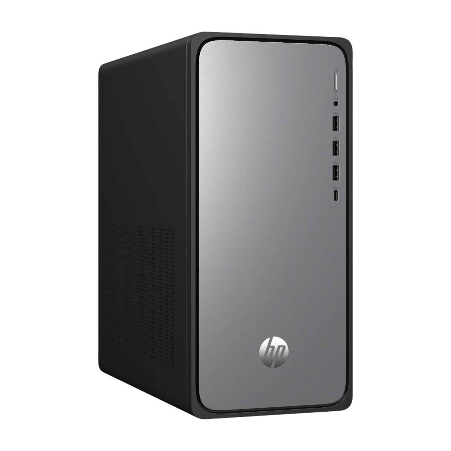 Un computer desktop HP nero e grigio. Ha un pannello frontale argentato con il logo HP e diverse porte.