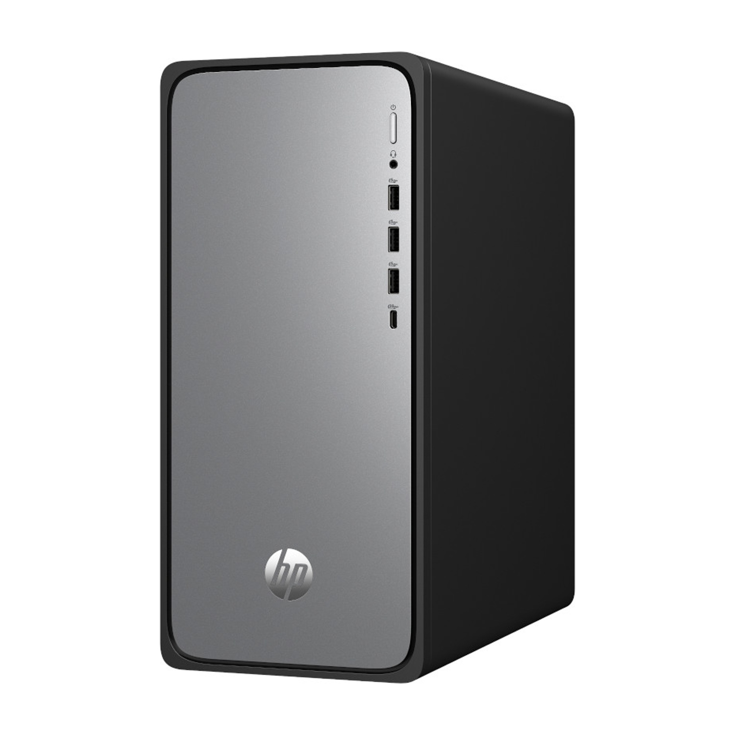 Un computer desktop HP nero e grigio. Ha un pulsante di accensione, porte USB e un jack per cuffie. Il logo HP è visibile.