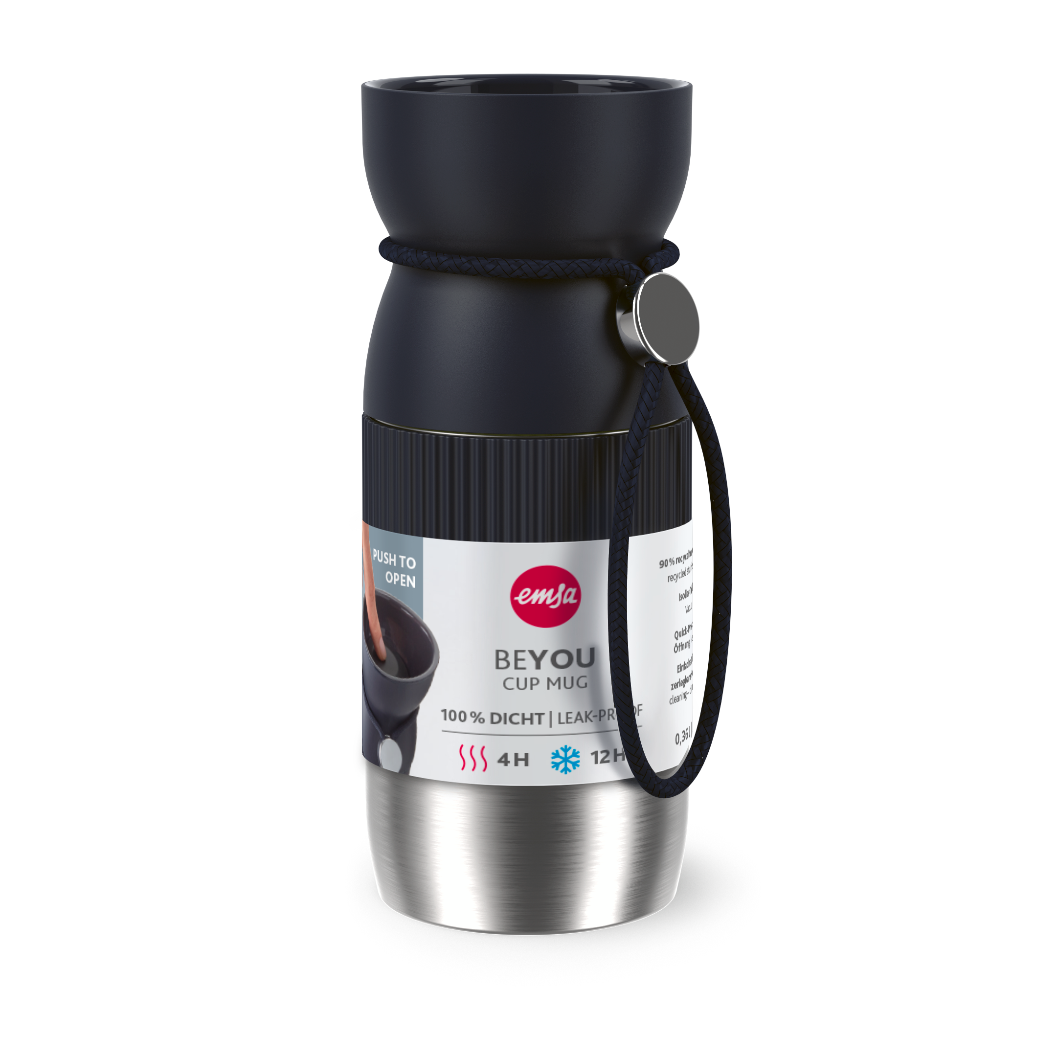 Ein schwarz-silberner Emsa Beyou Becher mit Griff. Text auf dem Becher lautet '100% Dicht Leak-Proof'.