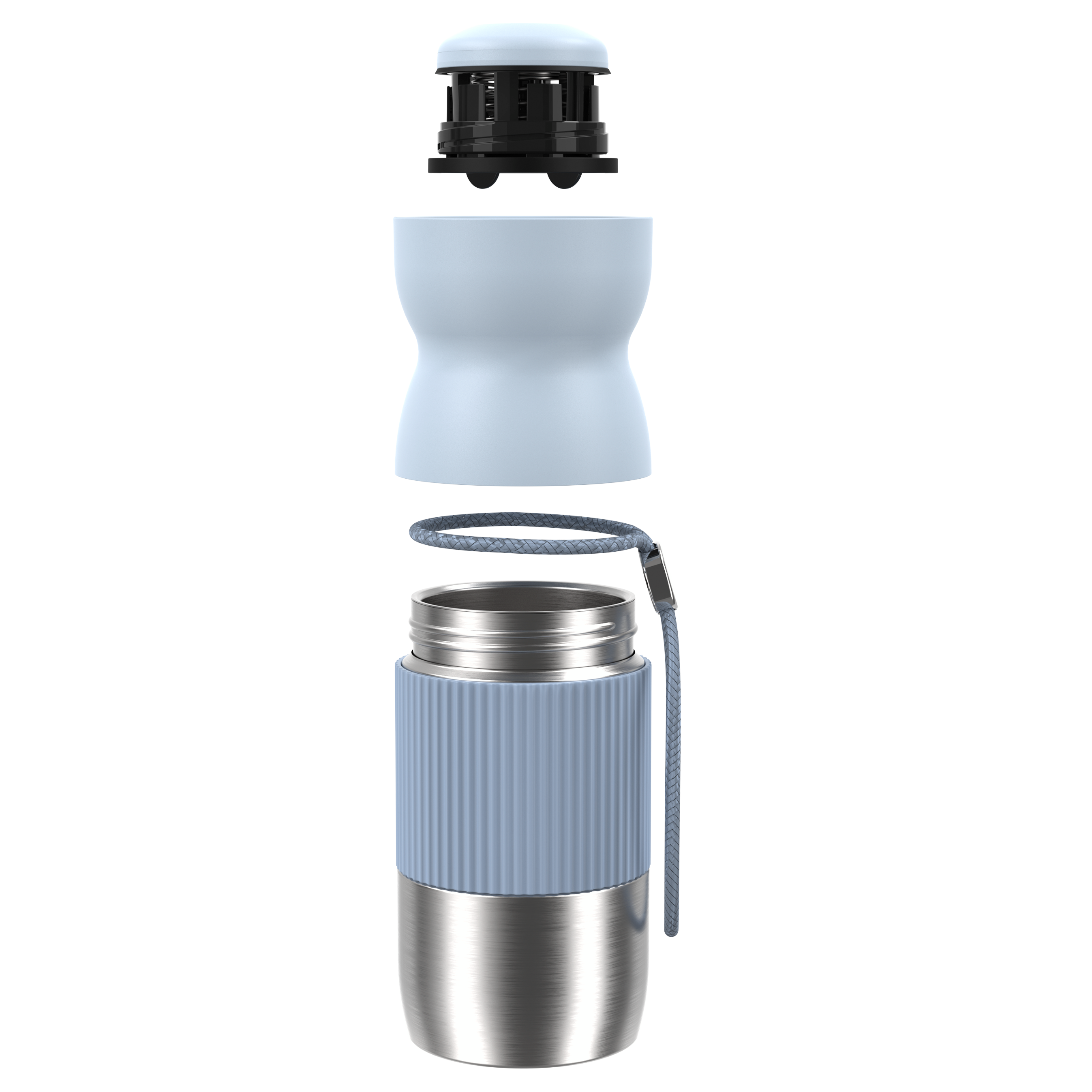 Explosionsansicht einer hellblauen Wasserflasche mit Edelstahlbasis und schwarzem Deckel auf schwarzem Hintergrund.