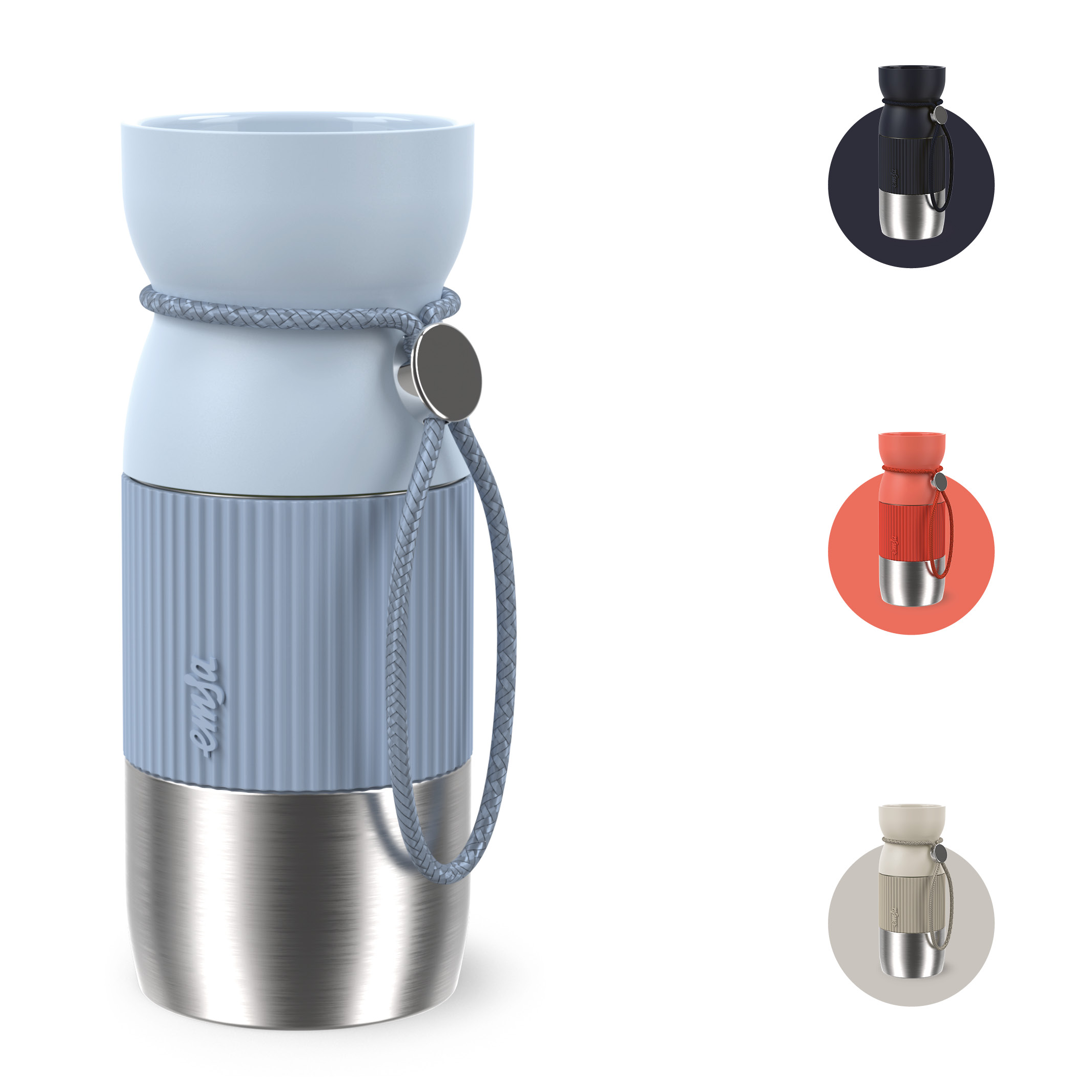 Eine hellblaue und silberne isolierte Wasserflasche mit geflochtenem Griff. Die Flasche hat einen silbernen Boden und ein graues Band.