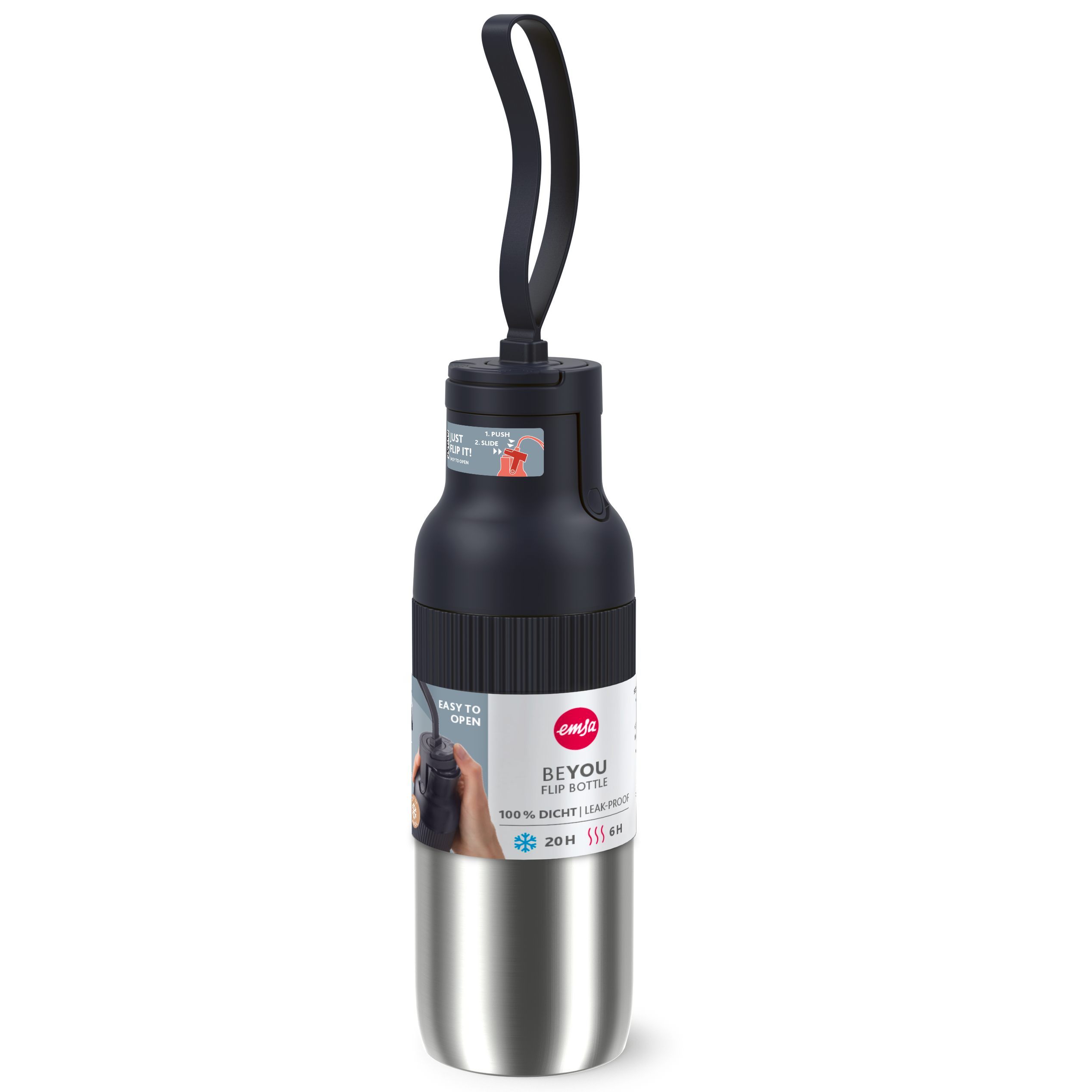 Eine schwarze und silberne Beyou-Flip-Flasche mit schwarzem Griff, weißem Etikett und Anweisungen auf schwarzem Hintergrund.