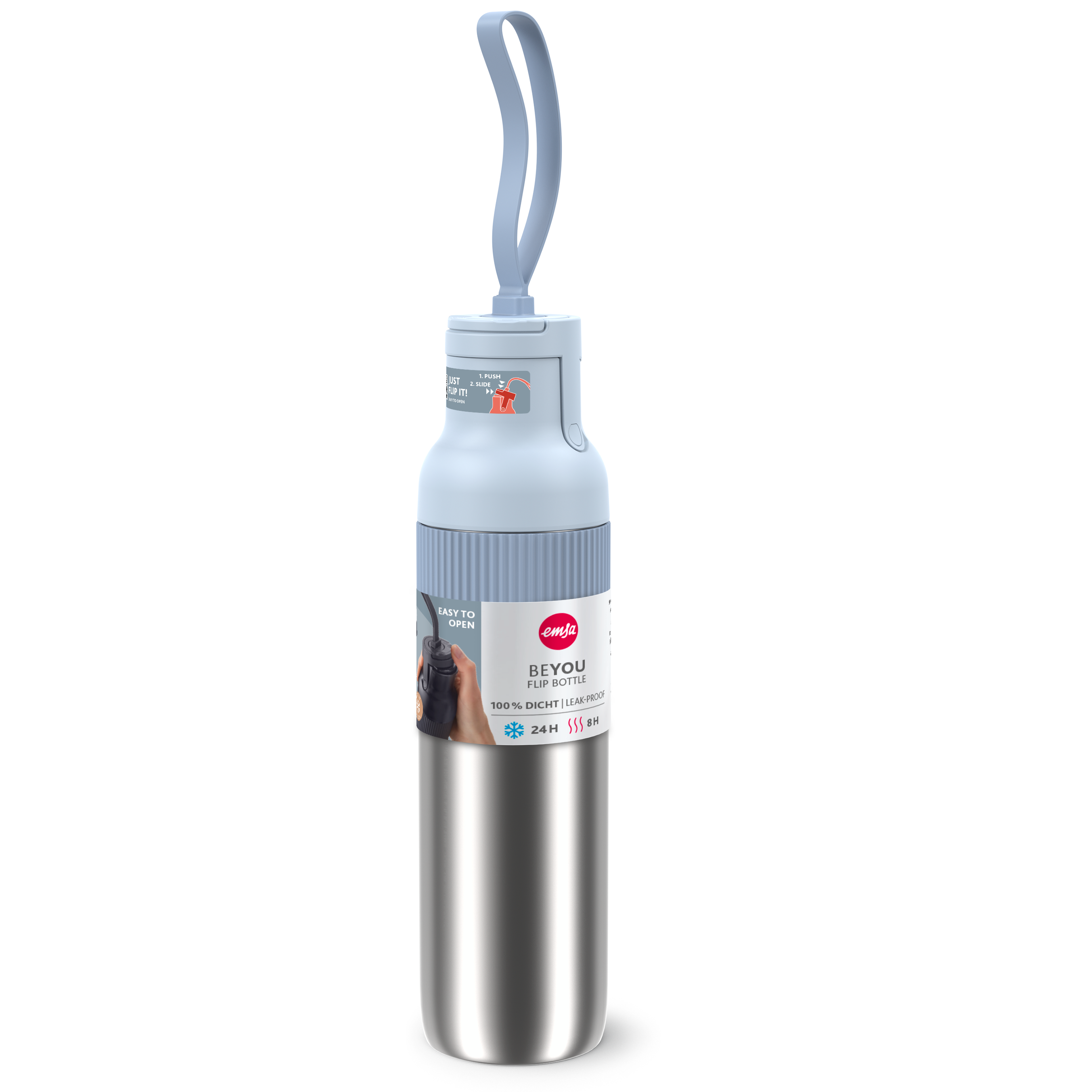 Eine silberne und hellblaue Wasserflasche mit Henkel. Sie trägt den Markennamen 'emsa' und die Aufschrift 'BEYOU FLIP BOTTLE'.