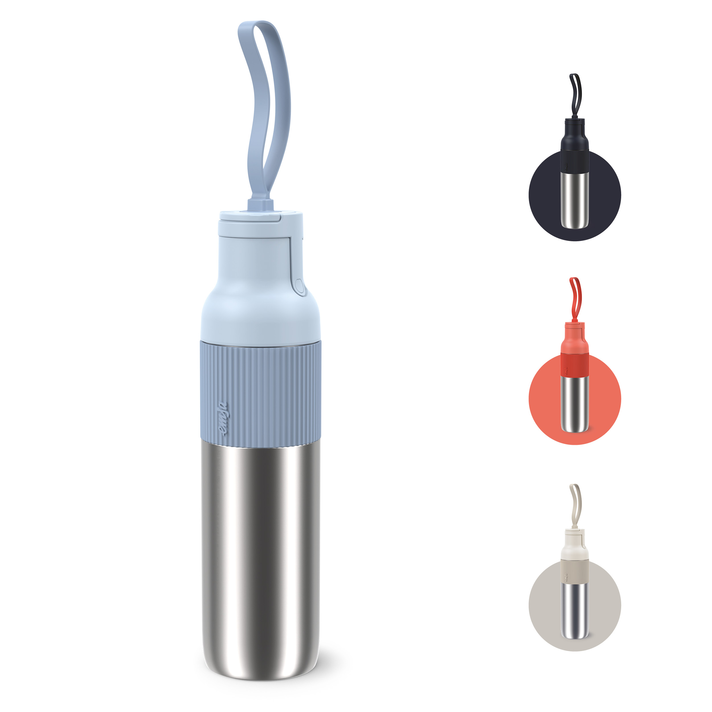 Eine Edelstahl-Wasserflasche mit hellblauem Deckel und Trageriemen. Drei Farbvarianten sind in Kreisen dargestellt.