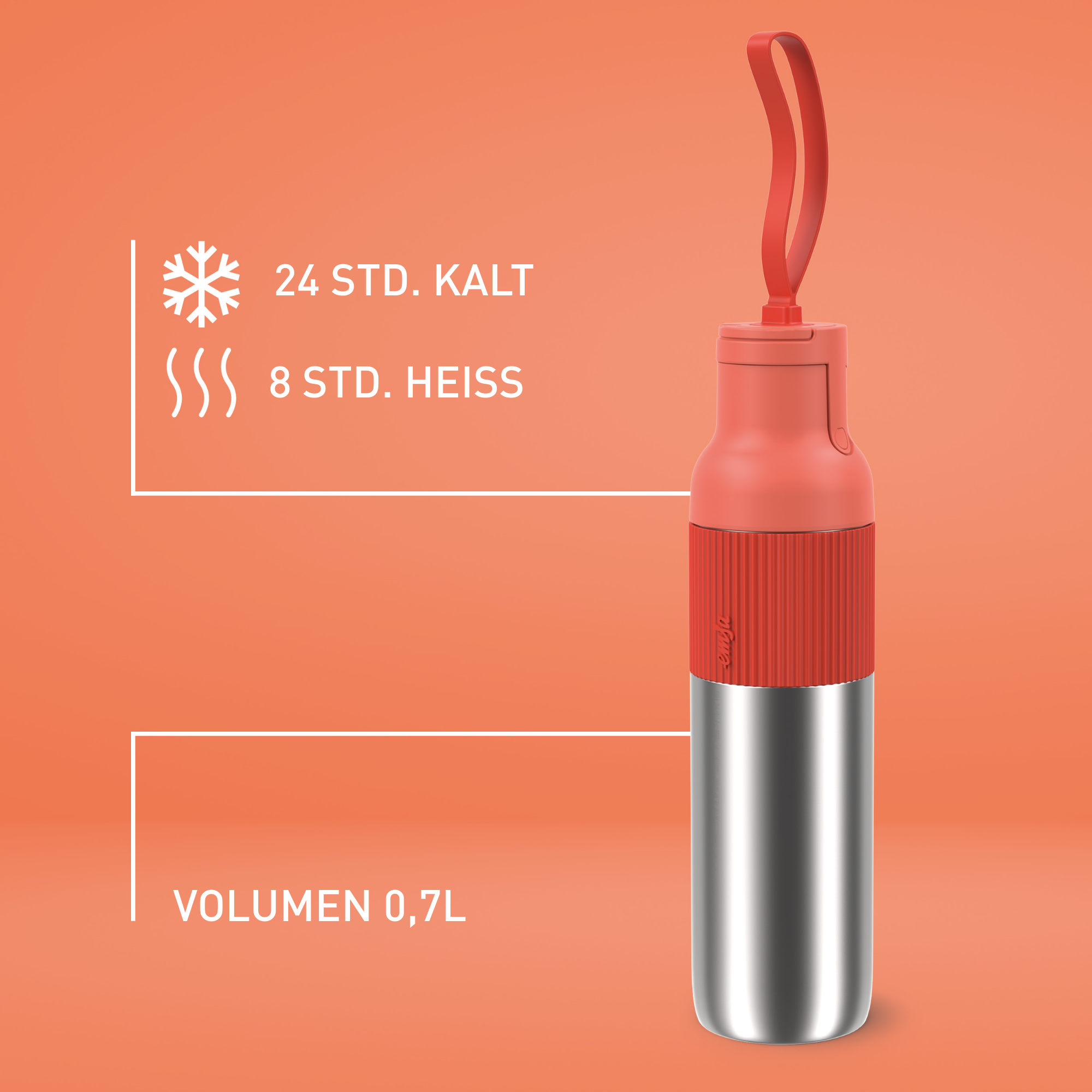 Eine rote und silberne Wasserflasche mit Henkel auf orangefarbenem Hintergrund. Text: 24 Stunden kalt, 8 Stunden heiß.