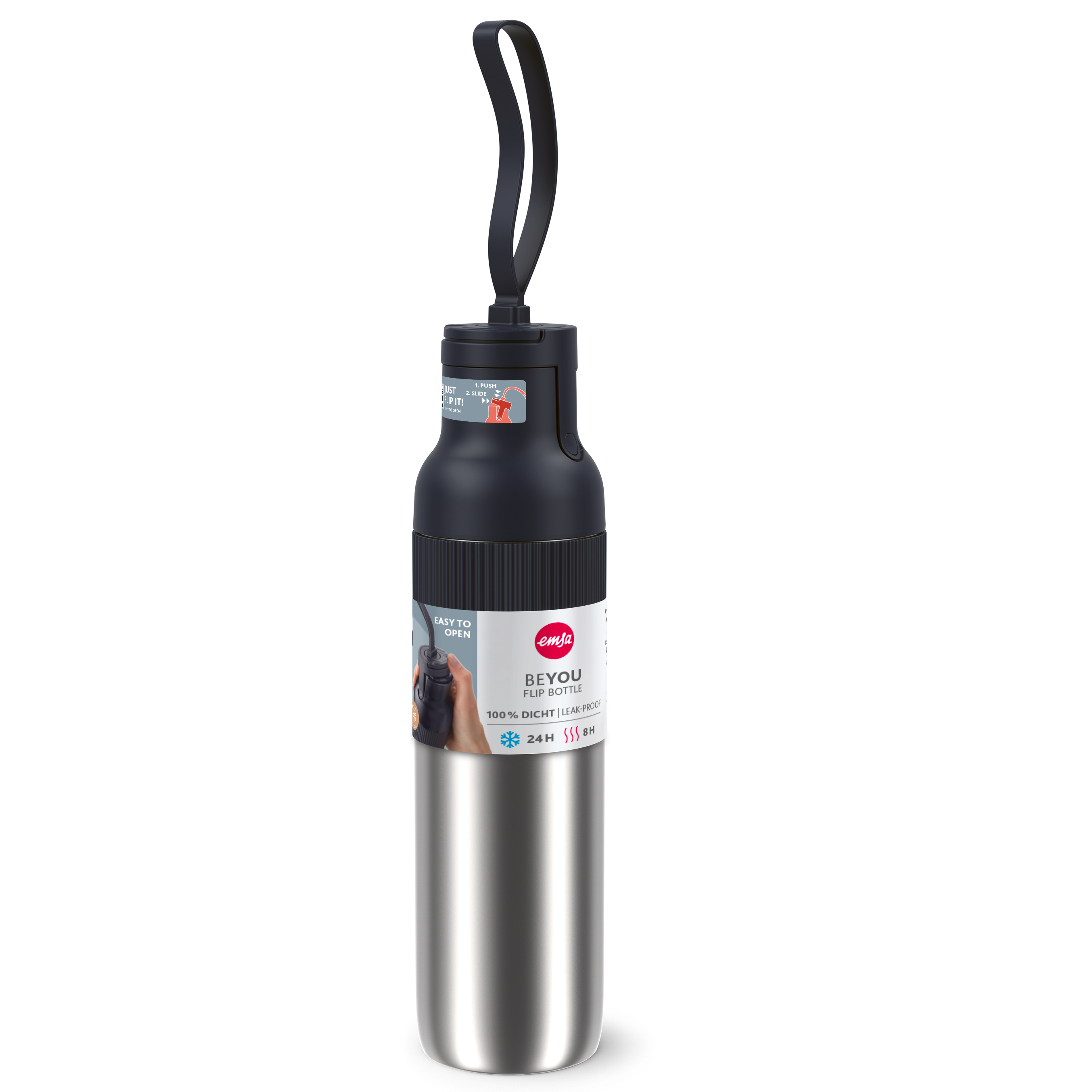 Eine silberne und schwarze Wasserflasche mit schwarzem Griff, weißem Etikett und der Marke 'emsa'.