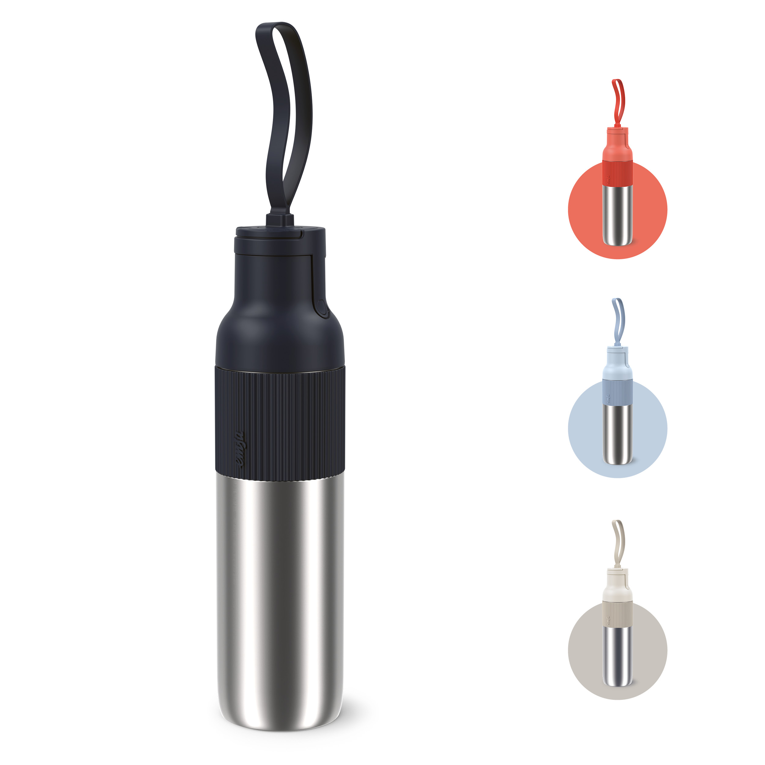Eine Edelstahl-Wasserflasche mit schwarzem Deckel und Griff. Drei Farbvarianten sind abgebildet.