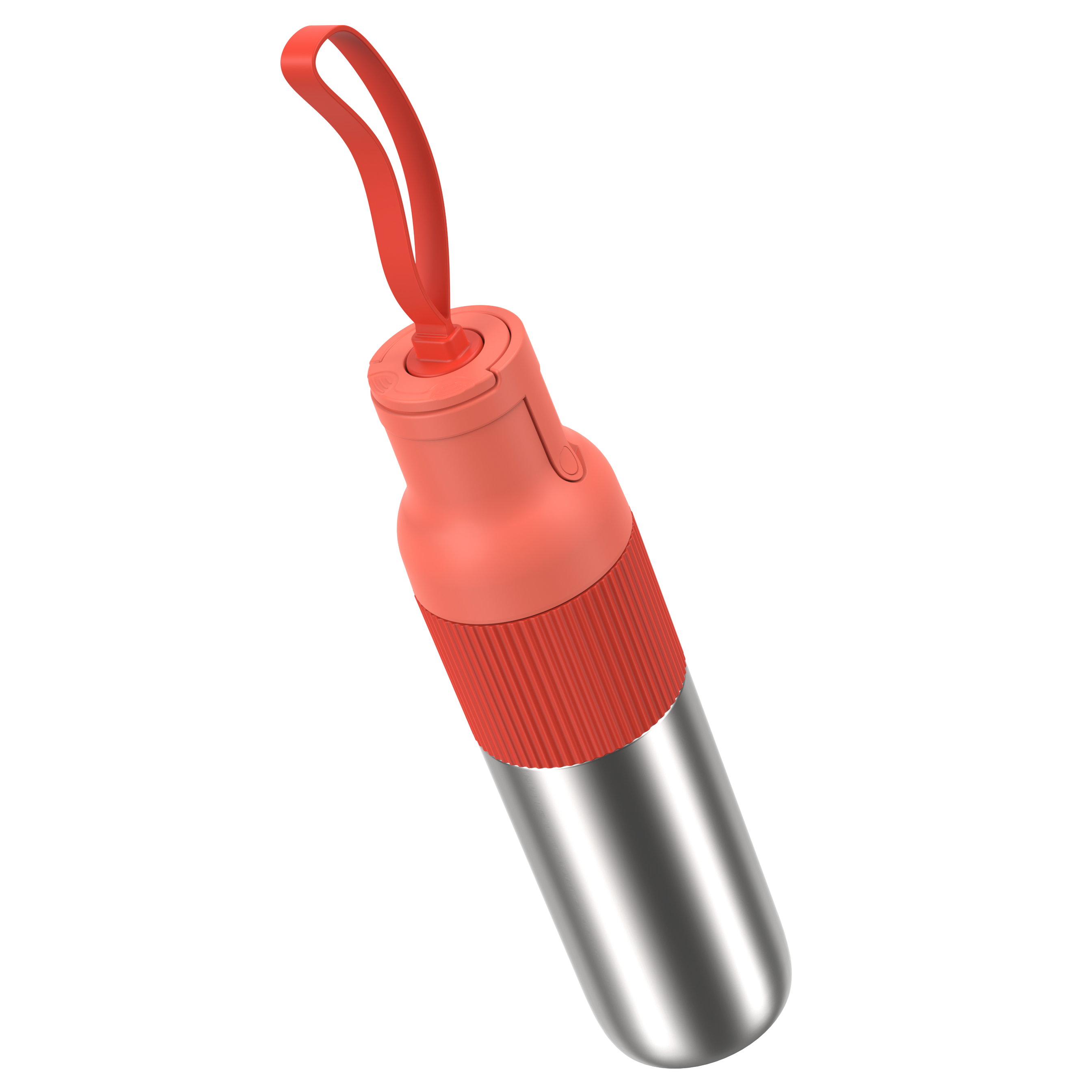 Eine rot-silberne Flasche mit einer Schlaufe oben. Der obere und mittlere Teil sind rot; der untere Teil ist silber.