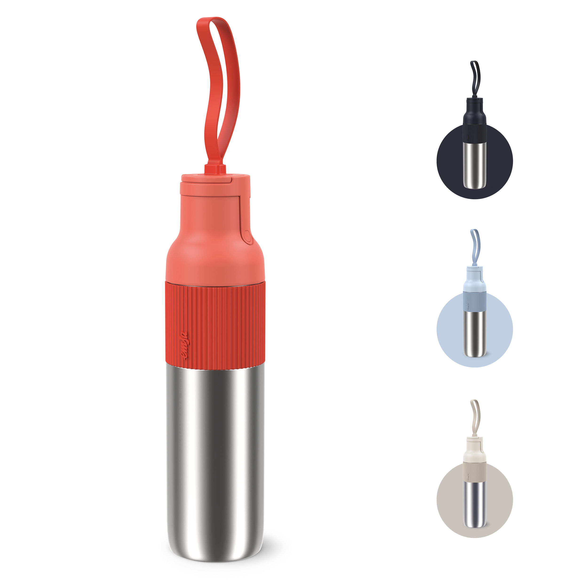Eine rot-silberne Wasserflasche mit Schlaufe. Drei Varianten sind abgebildet: schwarz, blau und beige.