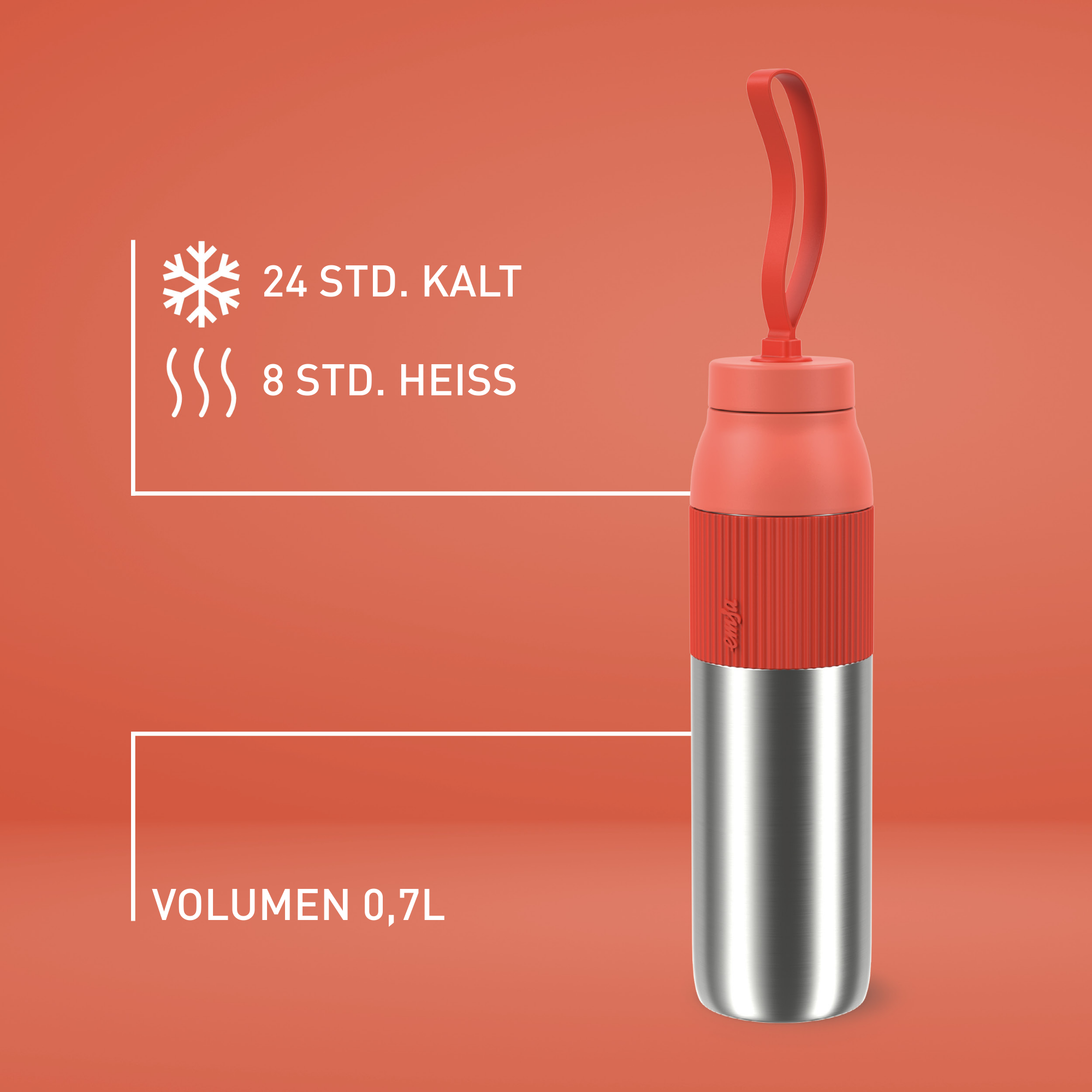 Eine rot-orange Wasserflasche mit silbernem Boden, rotem Griff und weißem Text auf orangefarbenem Hintergrund.