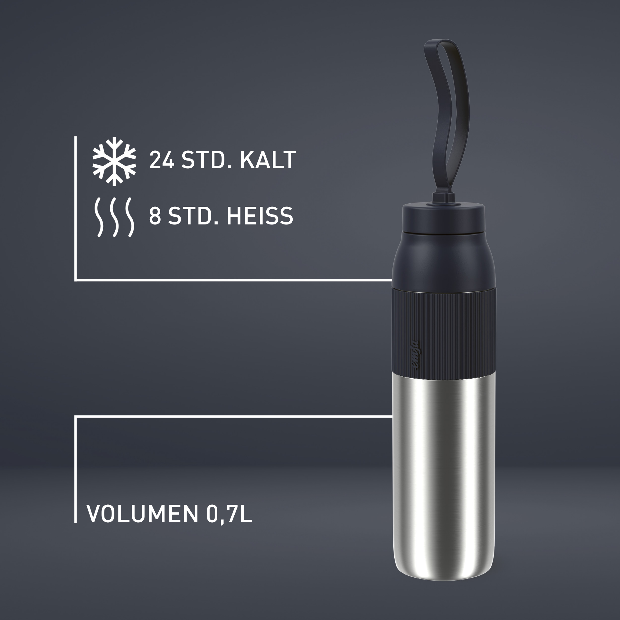 Eine Edelstahl-Wasserflasche mit schwarzem Griff, schwarzem Deckel und schwarzem strukturiertem Griff. Text zeigt 24 Stunden kalt, 8 Stunden heiß.