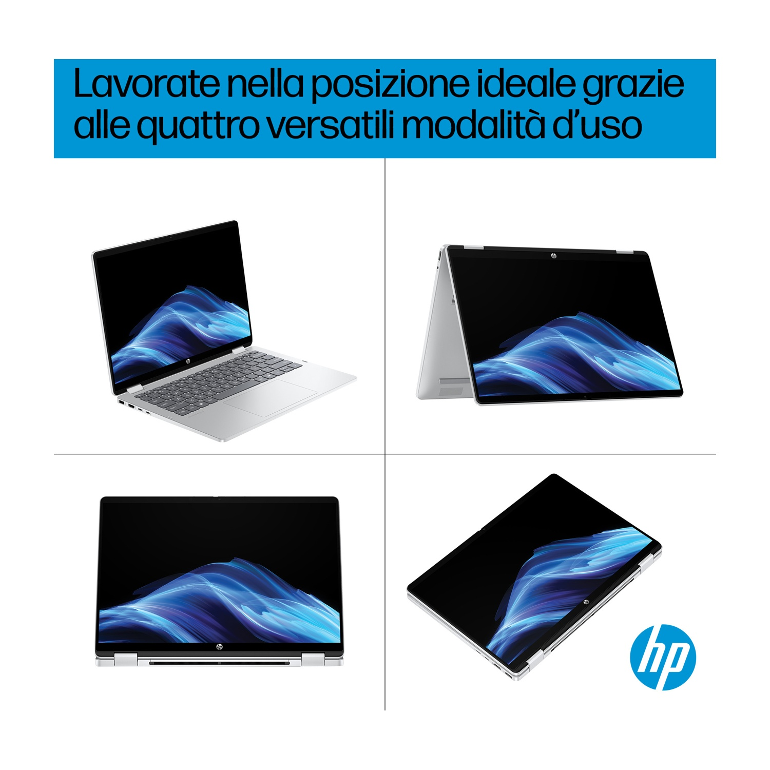 L'immagine mostra un laptop HP in quattro posizioni diverse. Un banner blu in alto ha testo italiano. Il logo HP è visibile.