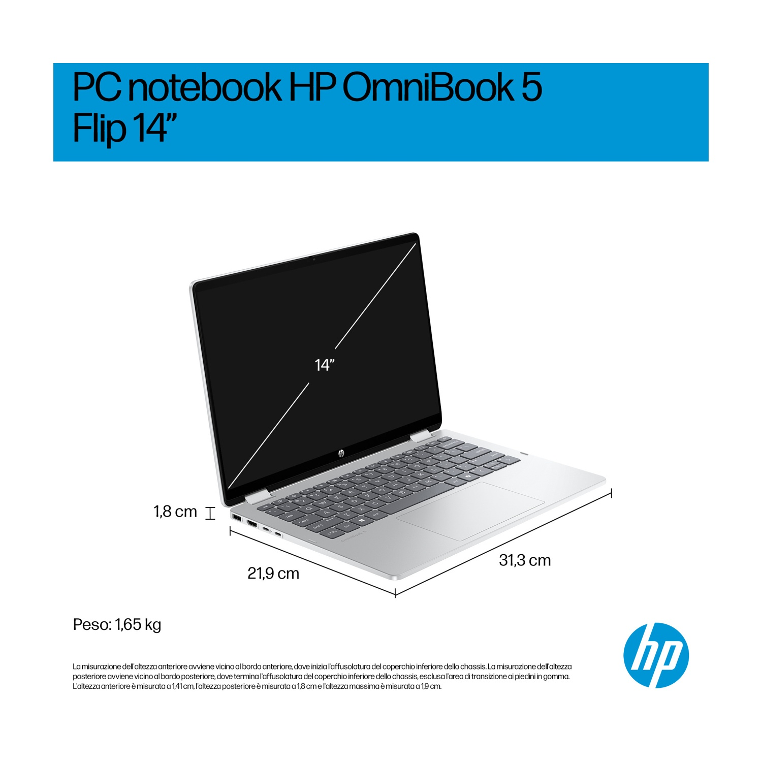 Laptop HP OmniBook argentato, aperto. Dimensioni e peso visualizzati. Logo HP in basso a destra.