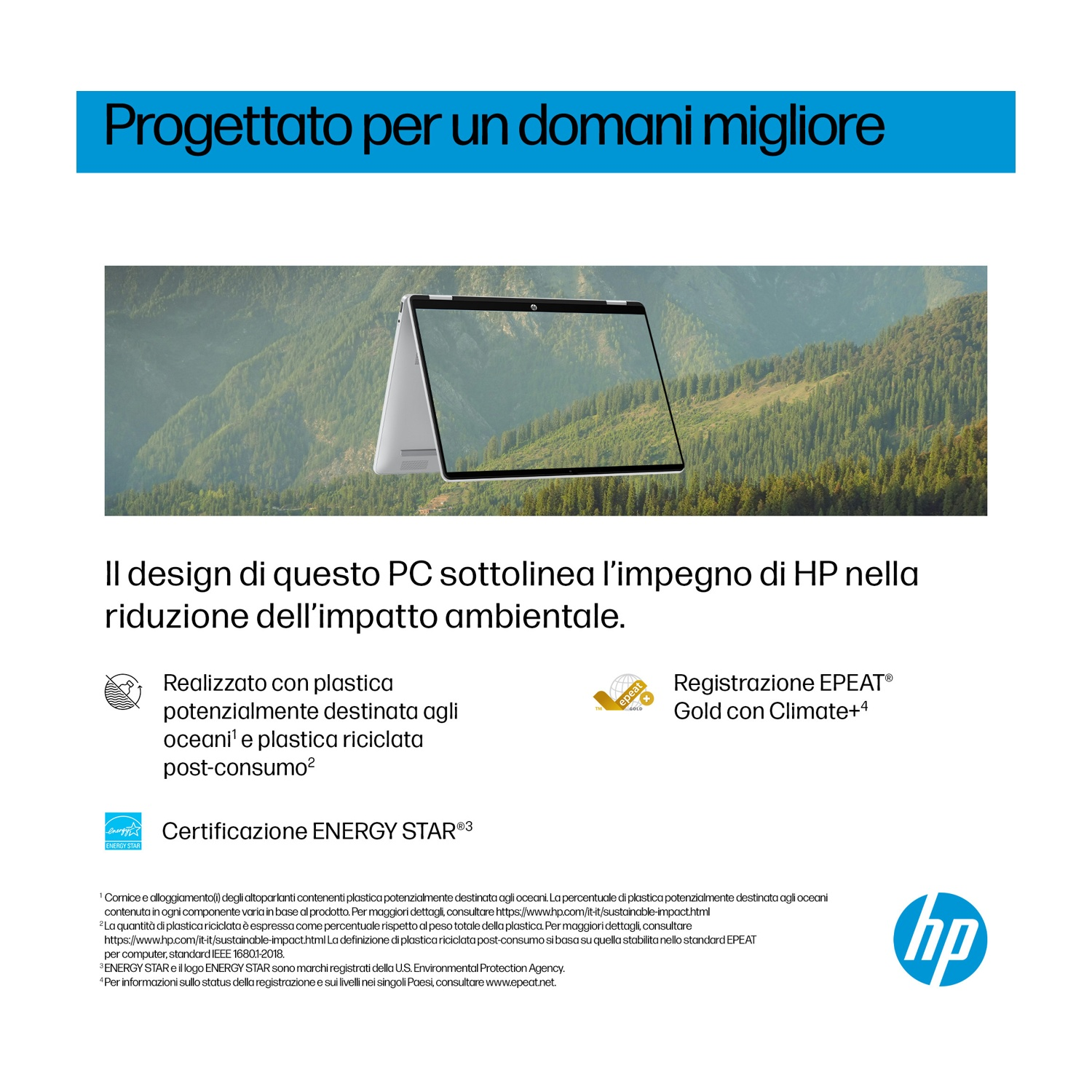 Viene visualizzato un laptop HP, con testo sul design, sull'impatto ambientale e sulle certificazioni.