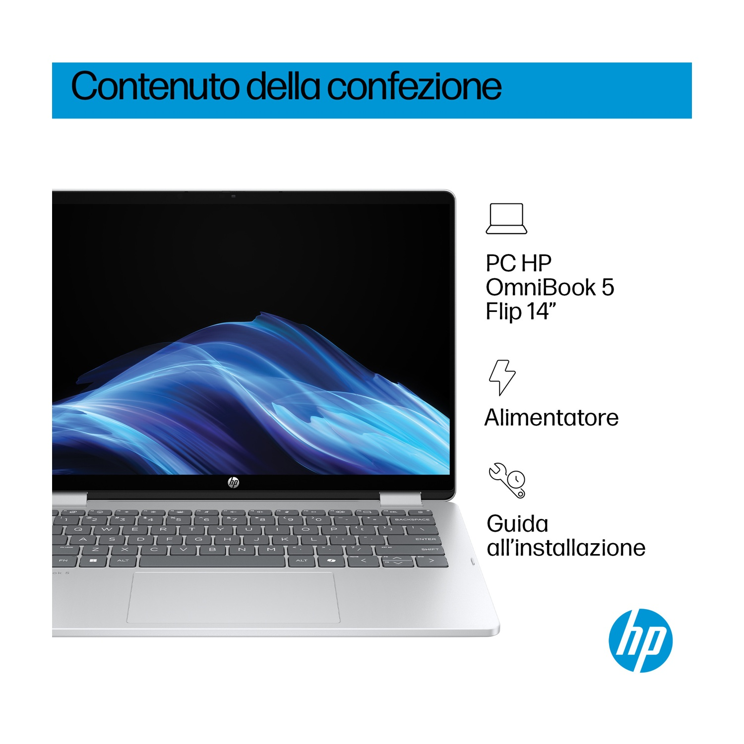 Un laptop HP, OmniBook 5 Flip 14, è in mostra. Gli accessori includono un adattatore di alimentazione e una guida all'installazione. Il logo HP è visibile.