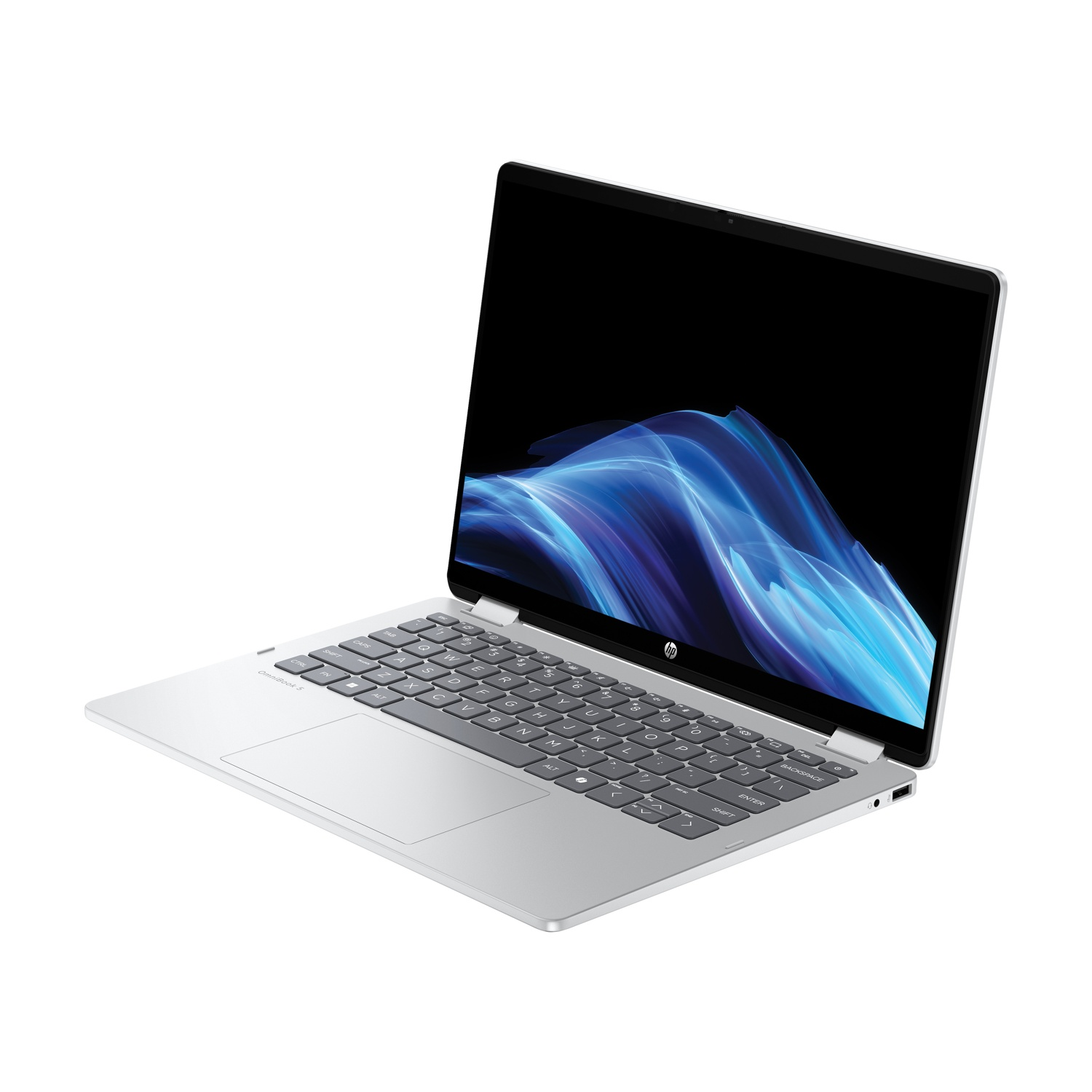 Laptop argentato con schermo aperto che mostra un design astratto blu. Tastiera visibile. Logo HP sul dispositivo.
