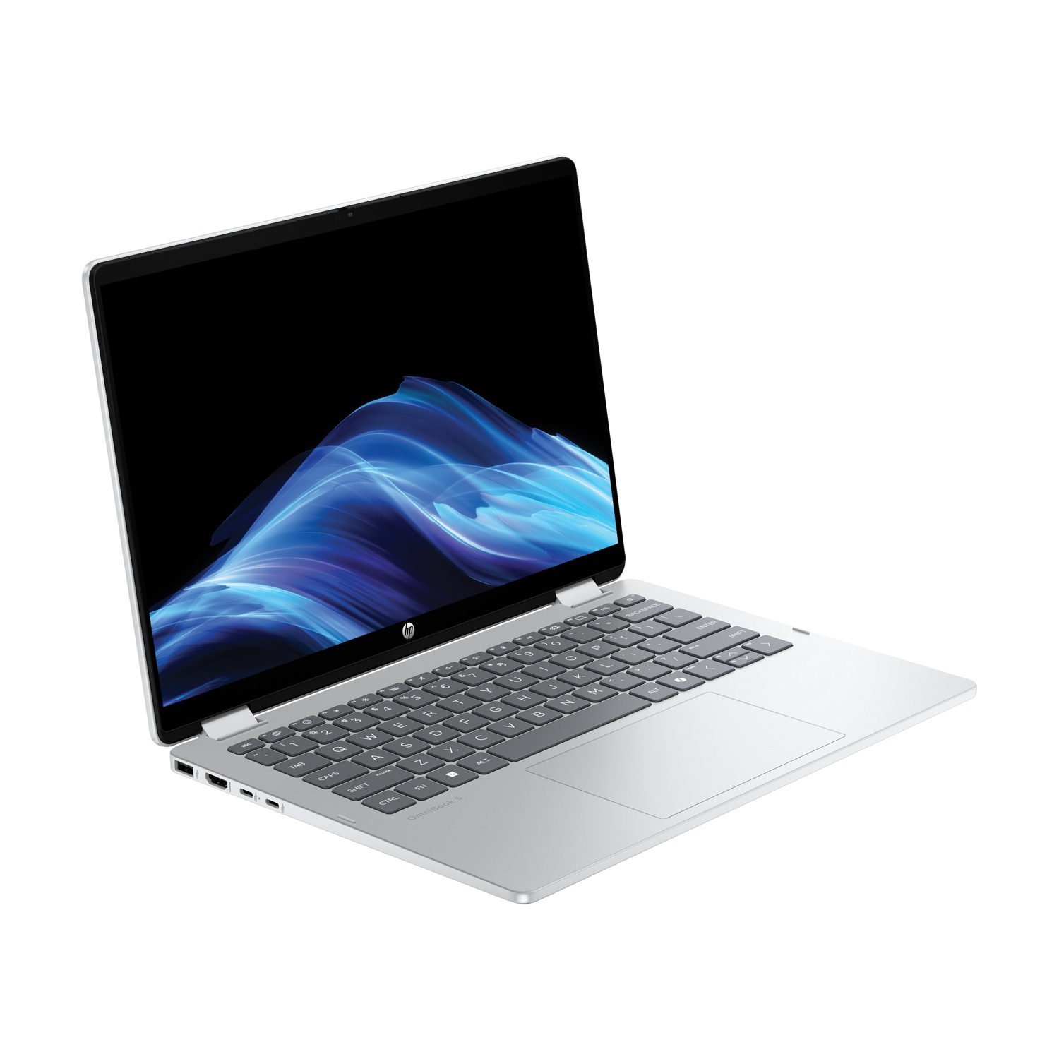 Laptop HP argento aperto, schermo mostra forme astratte blu e bianche. Tastiera visibile. Sfondo bianco.