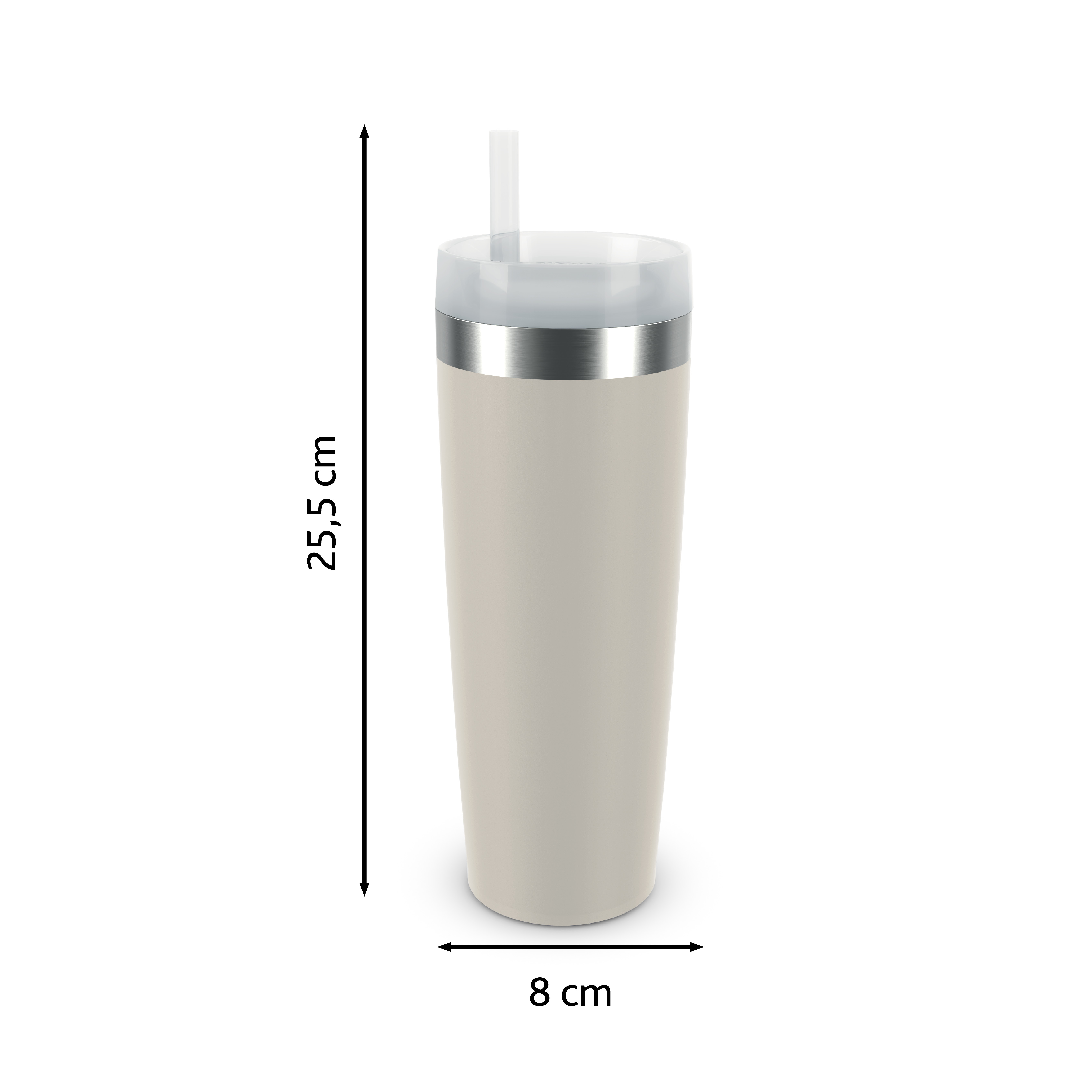 Becher in Beige mit Strohhalm. Er ist 25,5 cm hoch und 8 cm breit. Silberner Ring oben und weißer Hintergrund.