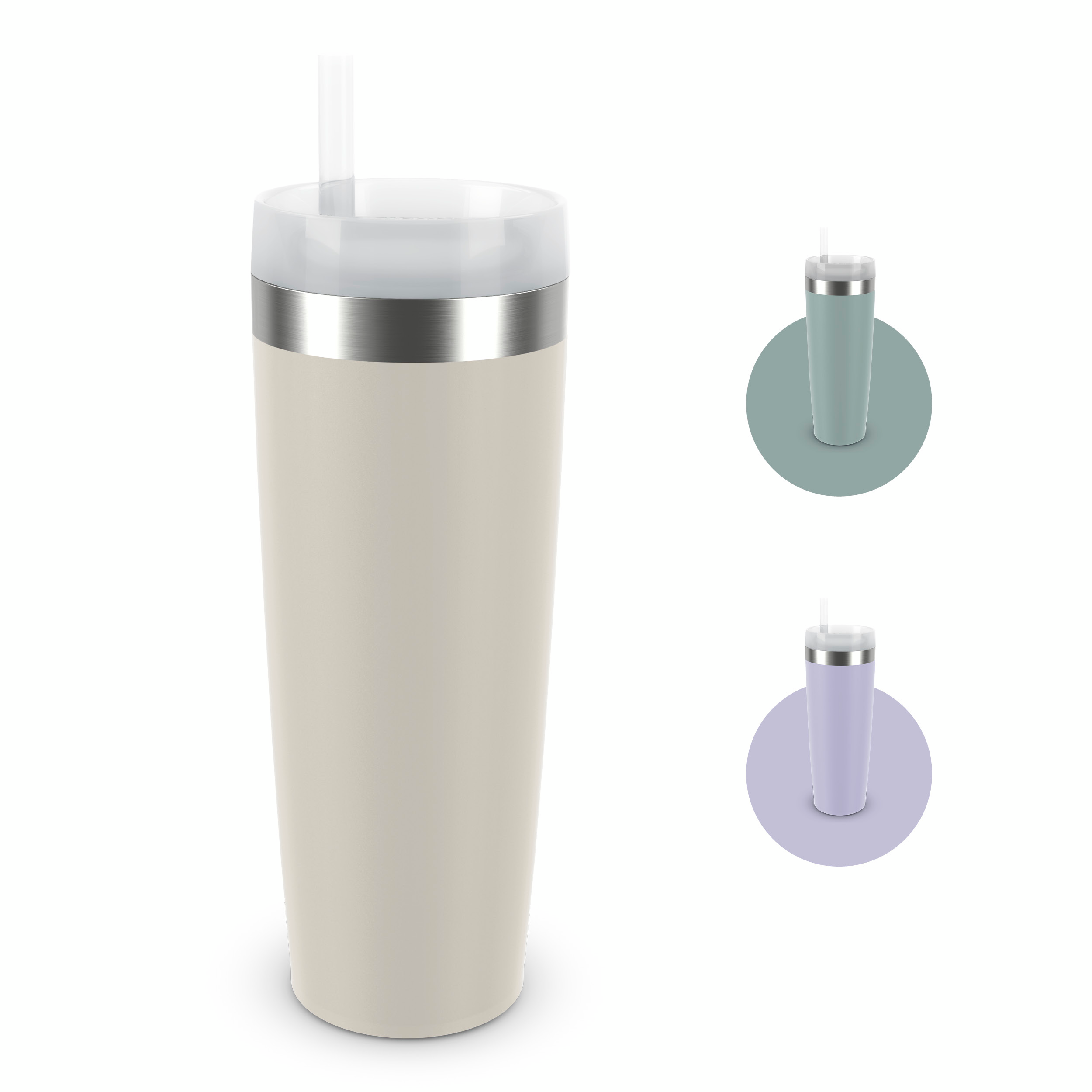 Becher in Beige mit Silberband und klarem Strohhalm. Rechts zwei kleinere Becher, einer grün, einer lila.