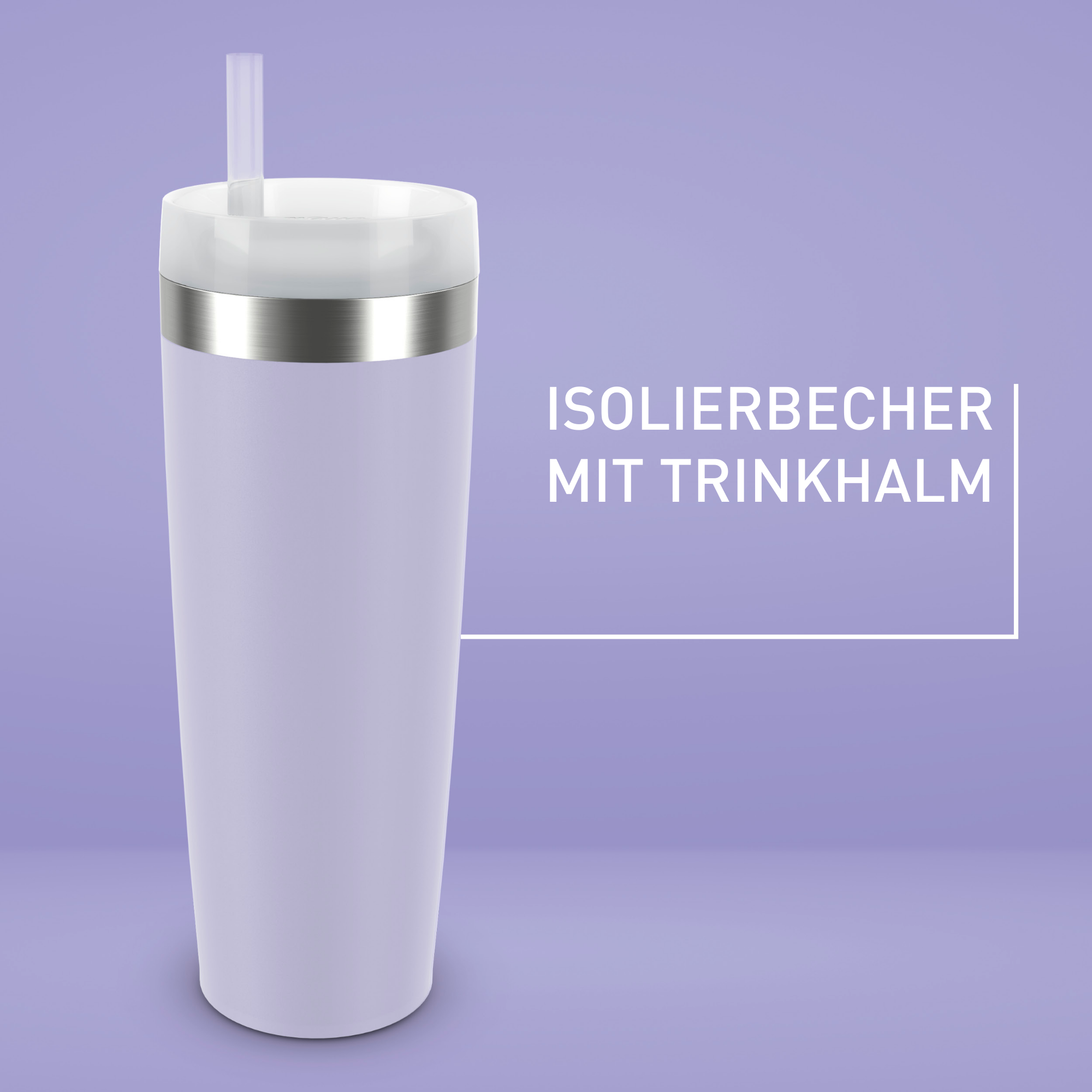 Ein lila Becher mit Strohhalm. Er hat ein silbernes Band und einen weißen Deckel. Der Hintergrund ist violett.