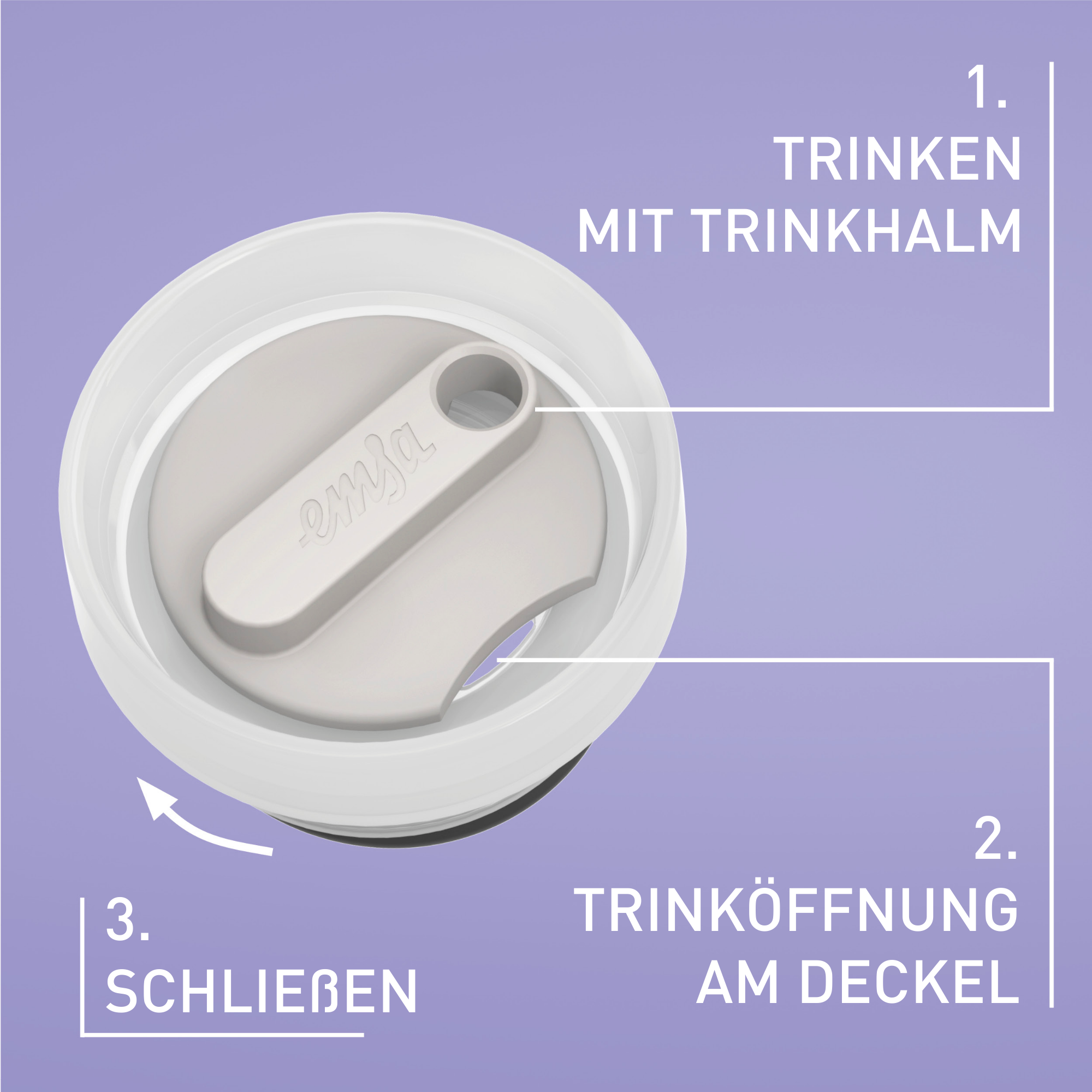 Weißer Deckel mit Trinkhalmöffnung und Anweisungen auf Deutsch: mit Strohhalm trinken, Trinköffnung öffnen und schließen.