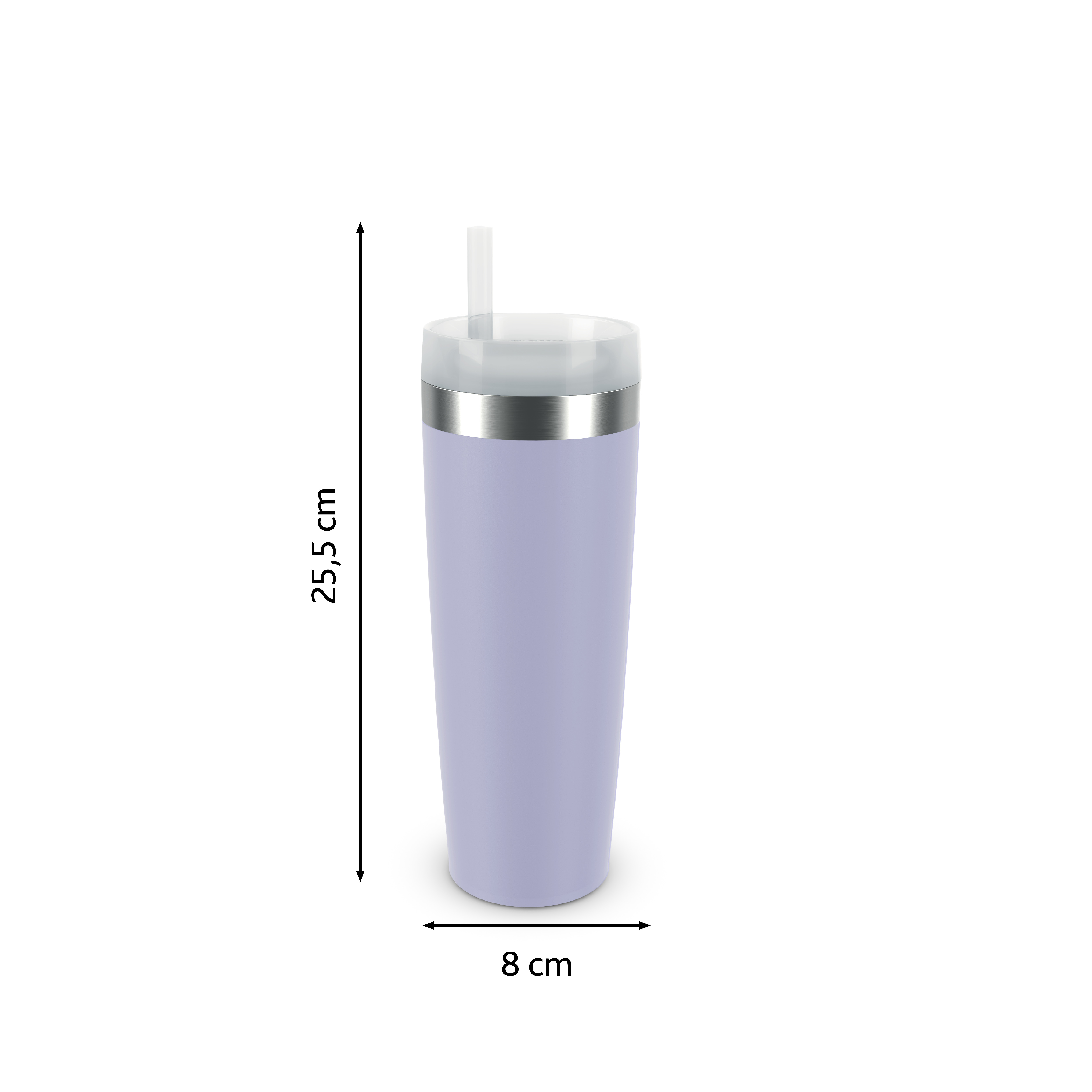 Ein helllila Becher mit Strohhalm. Abmessungen: 25,5 cm hoch und 8 cm breit.
