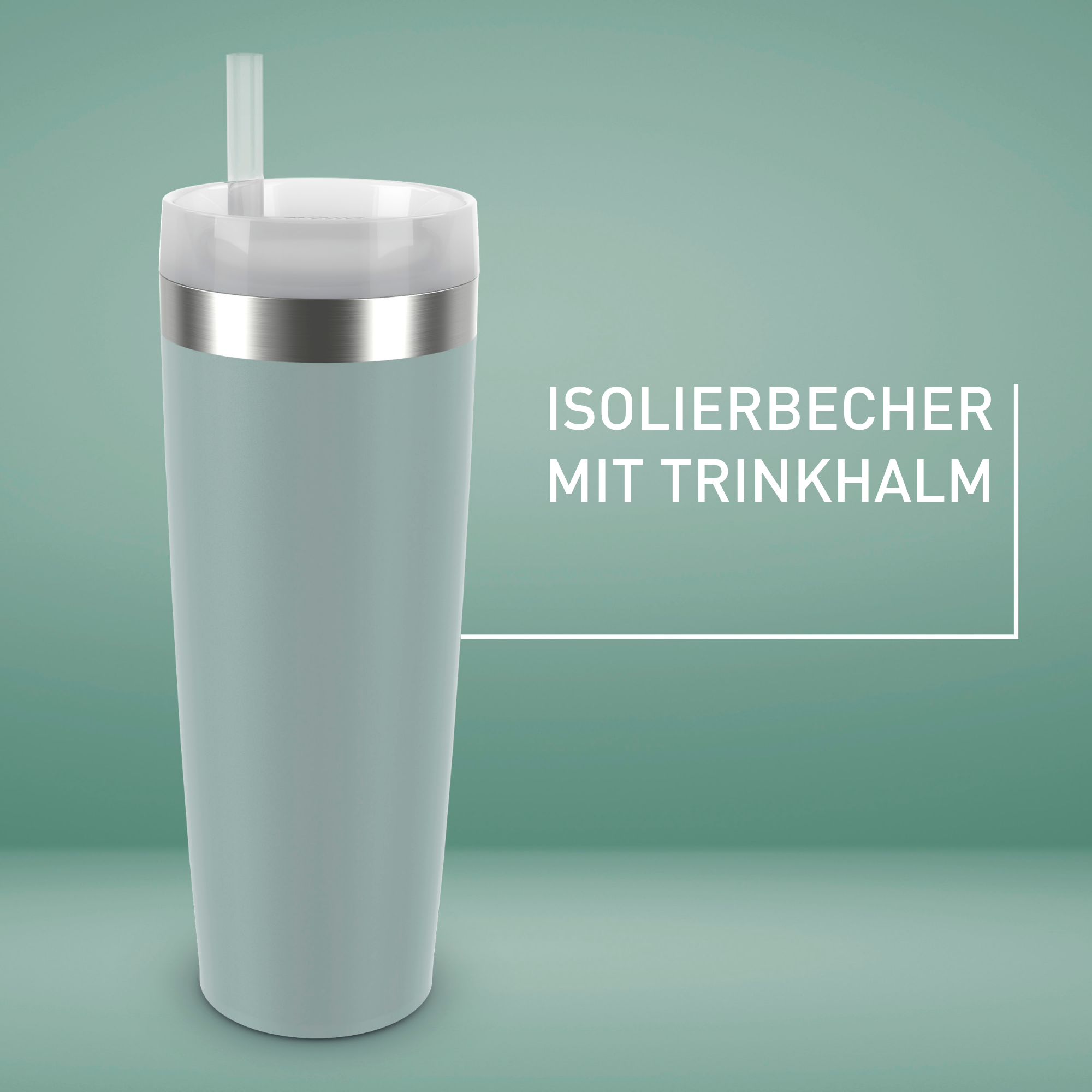 Ein hellblauer Isolierbecher mit Strohhalm. Er hat ein silbernes Band und einen weißen Deckel. Text: 'Isolierbecher mit Trinkhalm'.