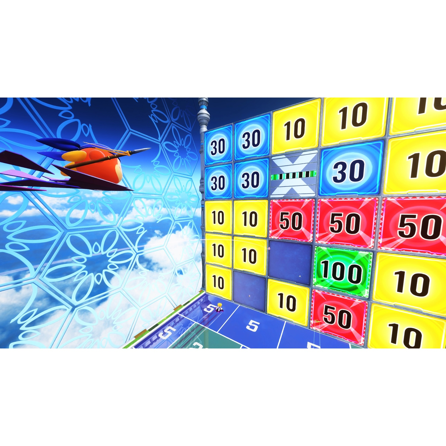 Una scena di gioco colorata con un oggetto volante e blocchi numerati su sfondo blu cielo. Numeri: 10, 30, 50 e 100.
