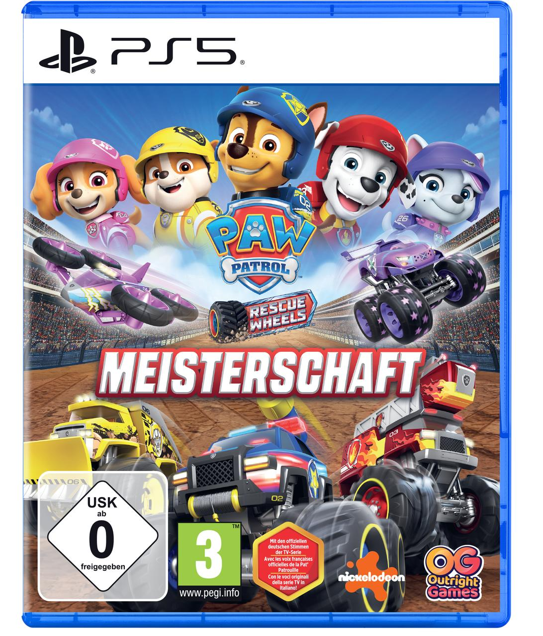 PAW Patrol-Spielcover. Charaktere in Rennwagen. Titel: MEISTERSCHAFT. Enthält Altersfreigabe, Logos und PS5-Logo.