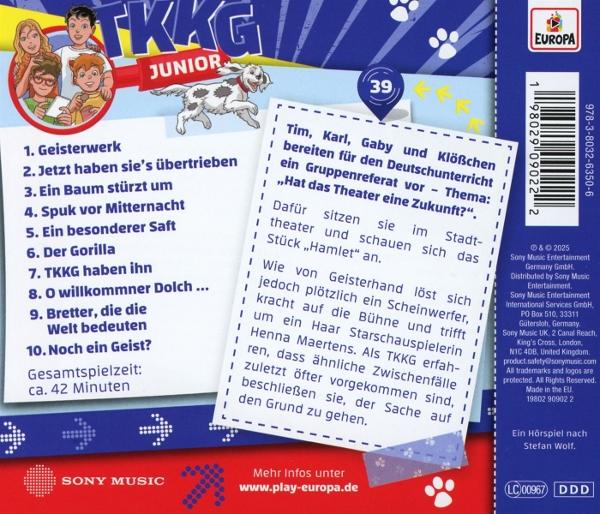Cover für TKKG Junior Hörspiel. Zeigt Charaktere, Hund, und Textboxen mit Episodentiteln.