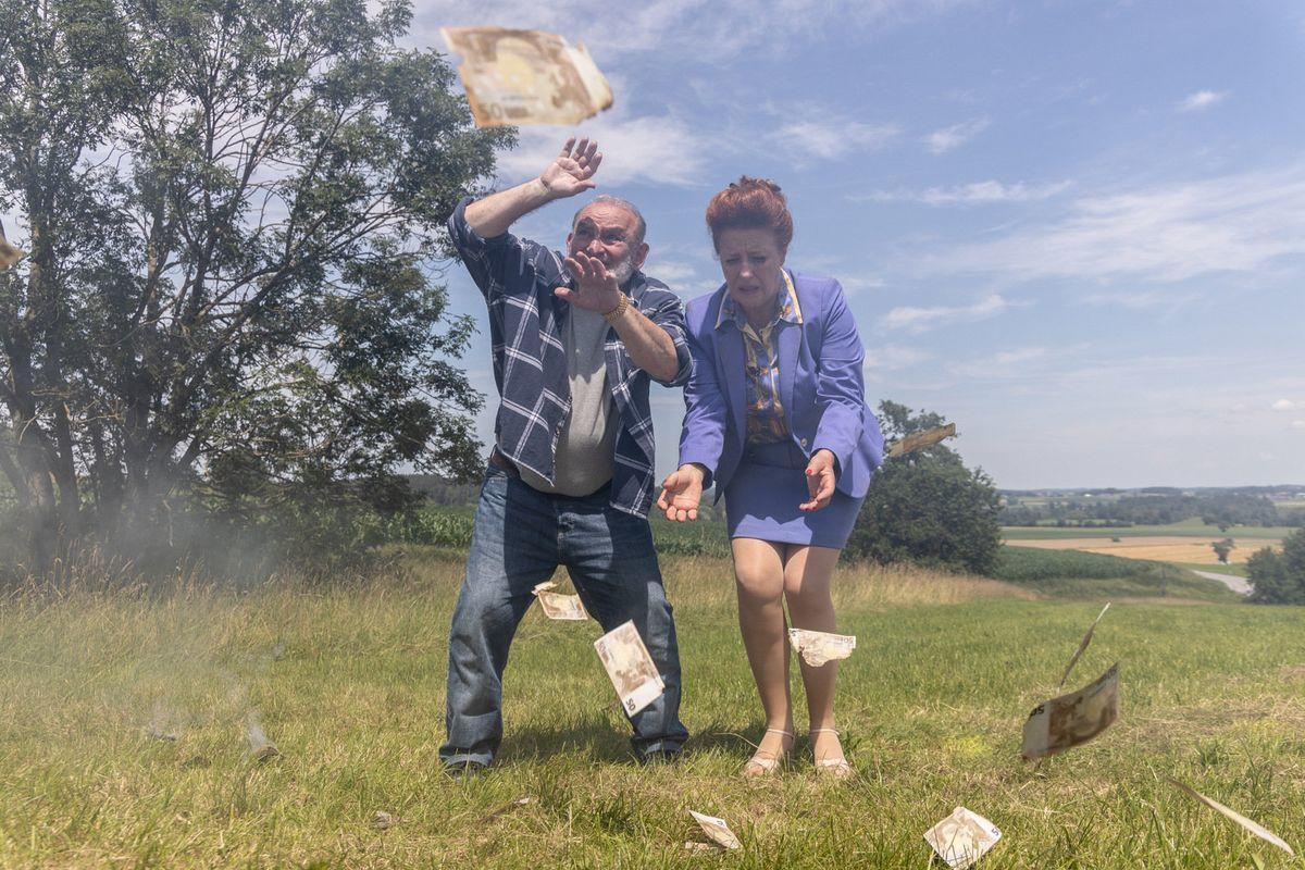 Ein Mann und eine Frau stehen auf einem Feld, auf dem Geld fällt. Mann in blauem Hemd, Frau in blauem Anzug. Grünes Feld, blauer Himmel.