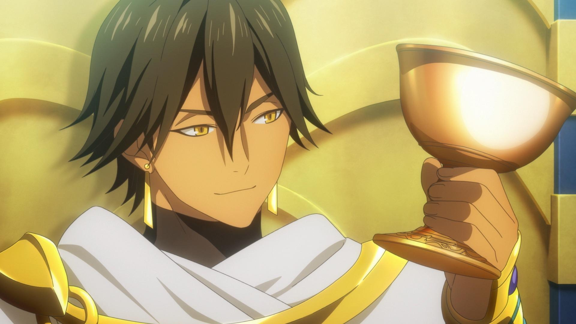 Anime-Figur mit dunklem Haar und gelben Augen, die einen goldenen Kelch hält. Er trägt eine weiße Robe mit goldenem Besatz.