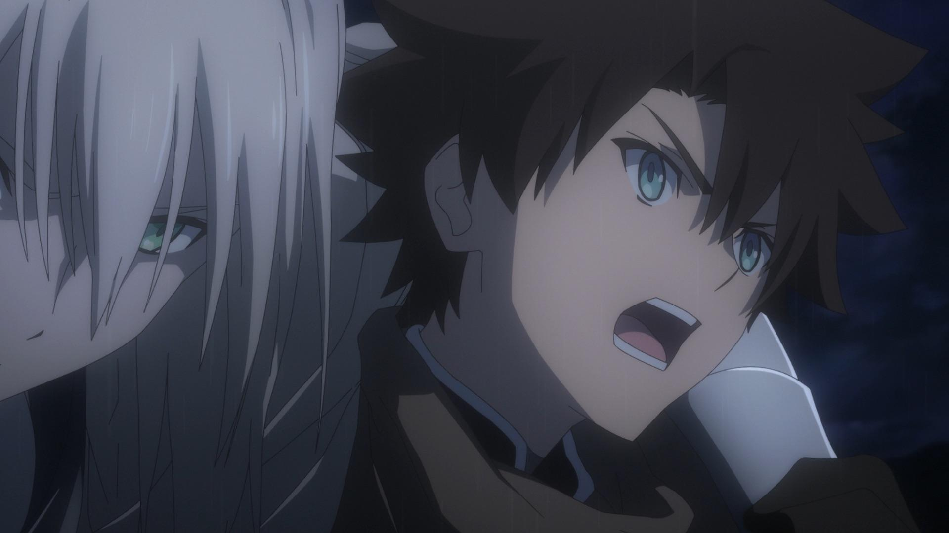 Anime-Charaktere: Ein Mann mit braunen Haaren und offenem Mund und grünen Augen blickt nach oben. Eine Frau mit weißen Haaren und grünen Augen blickt zur Seite.