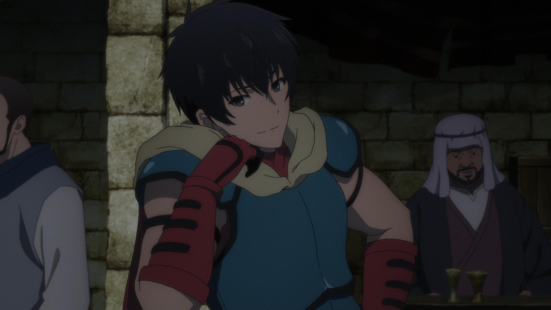 Mann im Anime-Stil mit blauer Rüstung, roten Akzenten, Kinn auf der Hand. Zwei Männer im Hintergrund, einer mit Turban.