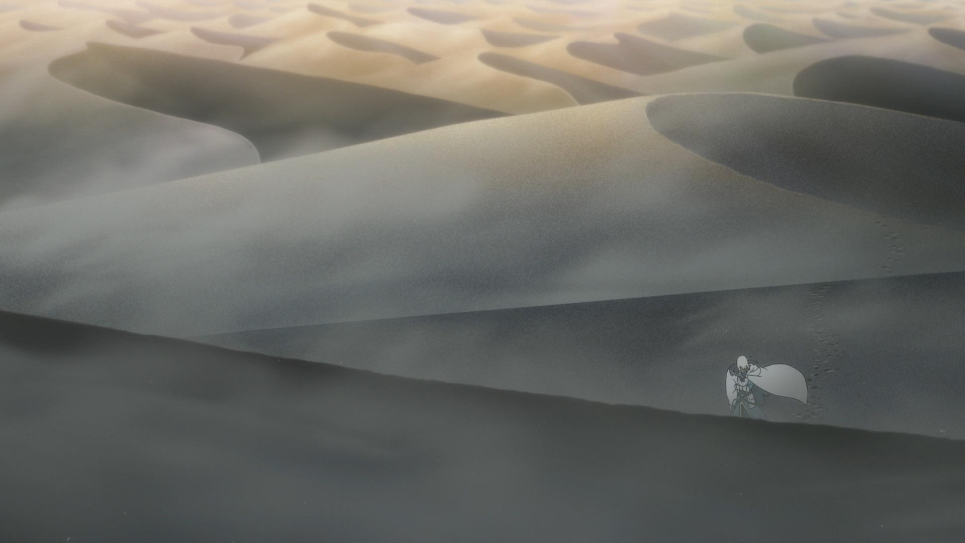 Anime-Bild einer Person mit weißem Umhang, die durch Sanddünen geht. Die Dünen sind grau, ausblendend zu Beige.