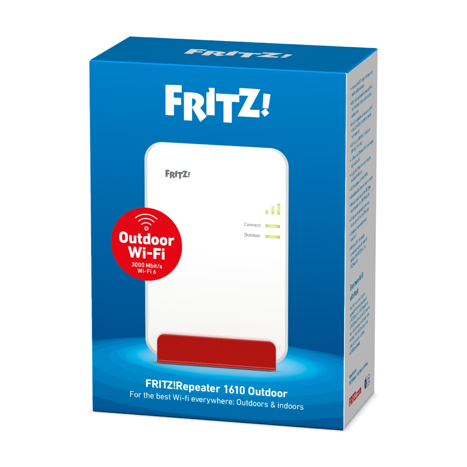 Una scatola blu con un ripetitore Wi-Fi bianco, dettagli rossi e il logo FRITZ!. Pubblicizza Wi-Fi per esterni, 3000 Mbit/s e Wi-Fi 6.