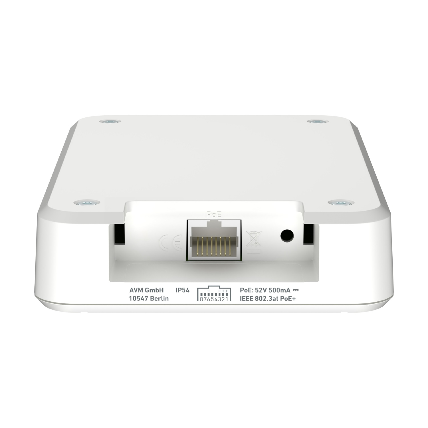 Un dispositivo di rete bianco con porte PoE, etichettato AVM GmbH. Dispone di una porta Ethernet, alimentazione e altre porte di connessione.