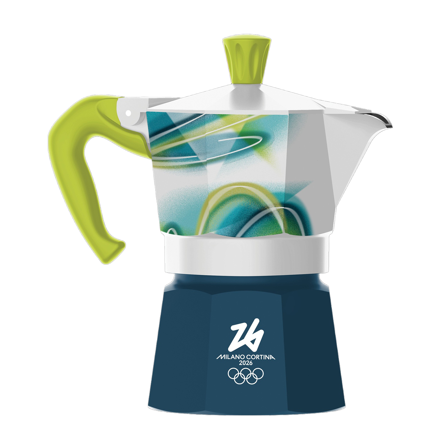 Una caffettiera con manico e pomello verdi. Ha una base blu e il logo Milano Cortina 2026. Il corpo della caffettiera ha arte astratta.
