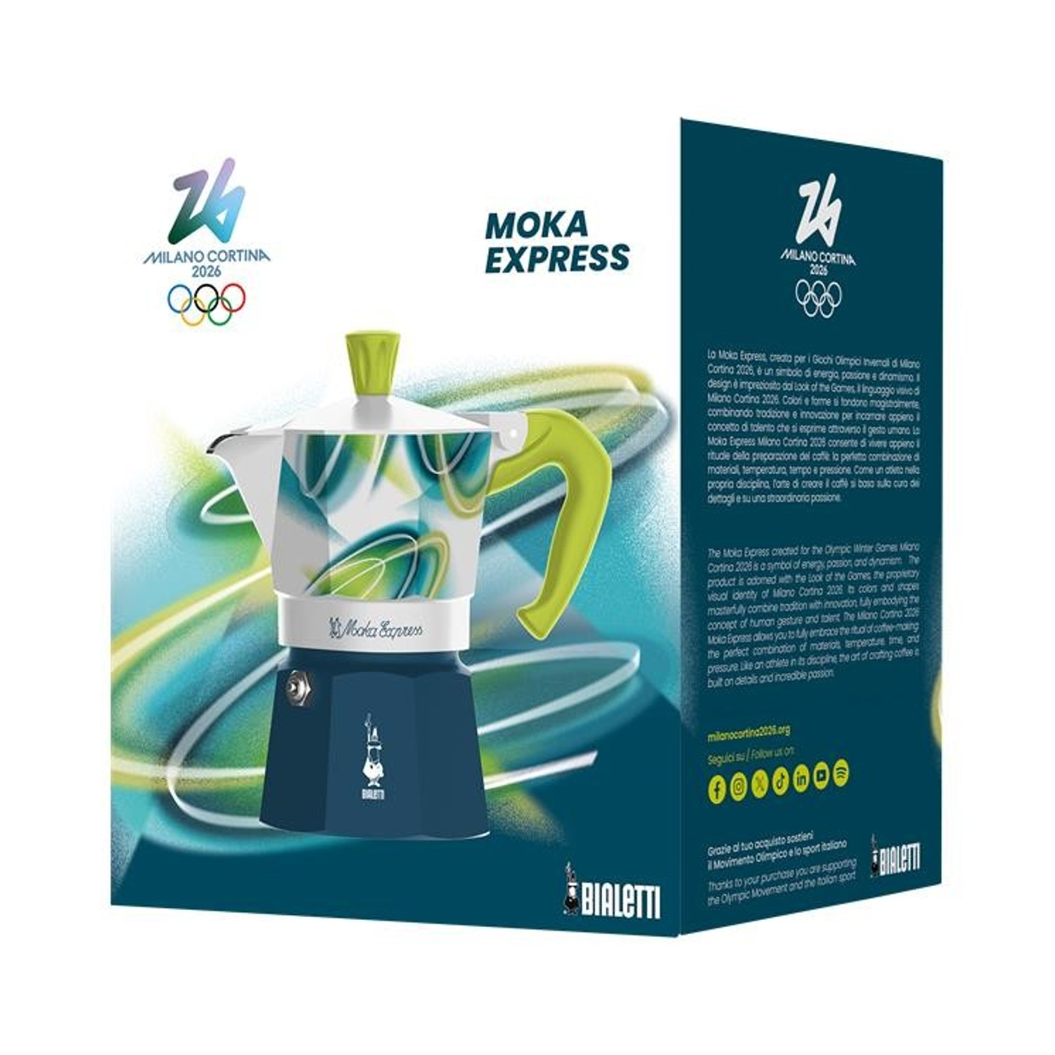 Caffettiera Moka Express con manico e coperchio verdi, logo Milano Cortina 2026 e testo.