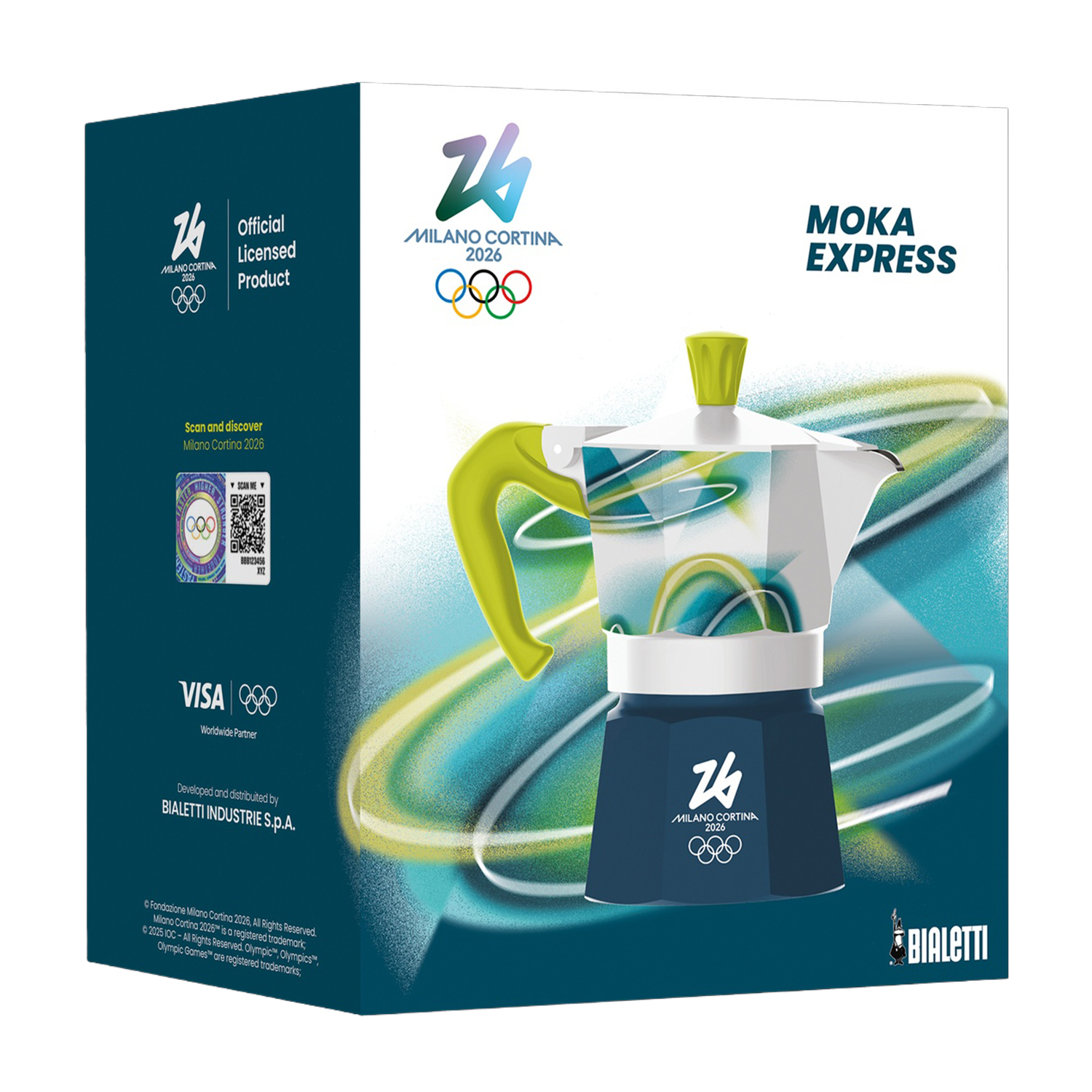 Scatola con Moka Express. Presenta il logo olimpico, il marchio Milano Cortina 2026 e una caffettiera verde e bianca.
