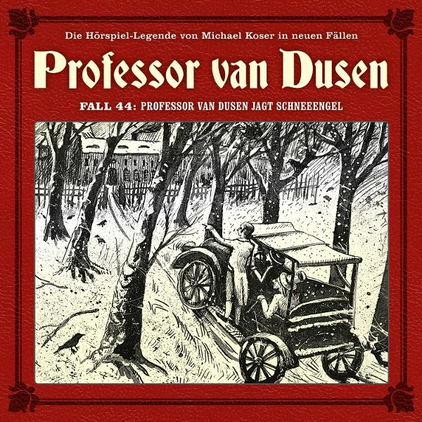 Illustration für 'Professor van Dusen'. Ein Auto fährt einen verschneiten Weg entlang. Figuren sind im Auto und zeigen. Bäume und ein Haus im Hintergrund.