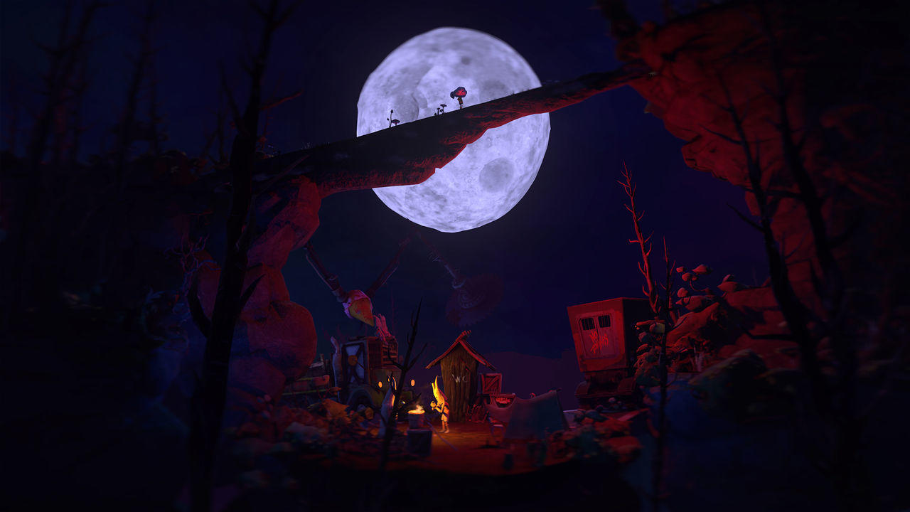 Nachtszene mit großem Mond, Figuren auf einer Brücke und einer kleinen Siedlung mit Feuer. Dunkle, stimmungsvolle und surreale Umgebung.