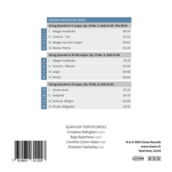 Albumcover listet Haydns Streichquartette mit Spielzeiten auf. Enthält Künstler- und Labelinformationen. Barcode unten.