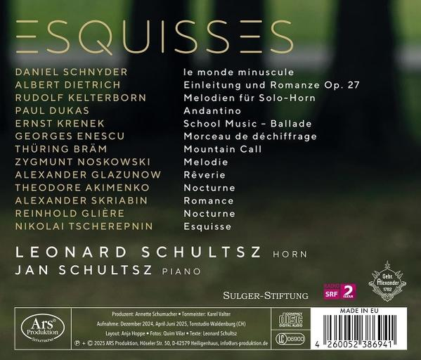 CD-Cover. Titel ist 'ESQUISSES'. Namen von Komponisten und Stücken aufgelistet. Enthält einen Horn- und Klavierspieler.