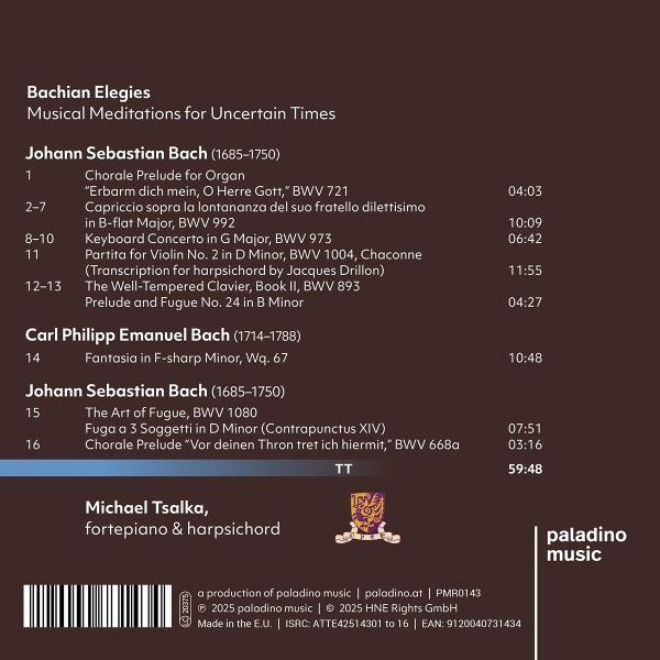 Albumcover: Bachian Elegies. Enthält Titelliste, Komponistennamen, Zeiten und ein Logo. Es zeigt eine Liste von Liedern.