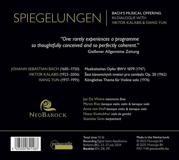 CD-Cover mit goldenem Text auf Schwarz. Enthält Namen der Komponisten Bach, Kalabis, Yun und Musiker. Logo: NeoBarock.