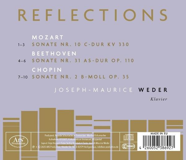 CD-Cover mit dem Titel Reflections. Enthält Musikstücke von Mozart, Beethoven und Chopin. Mit Joseph-Maurice Weder, Klavier.