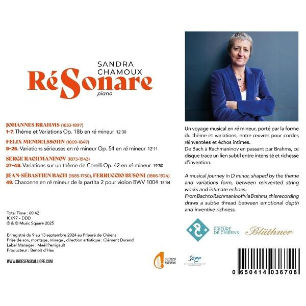 CD-Cover. Eine Frau lächelt. Text: Sandra Chamoux, Ré Sonare piano. Musik von Brahms, Mendelssohn, Rachmaninow und Bach.